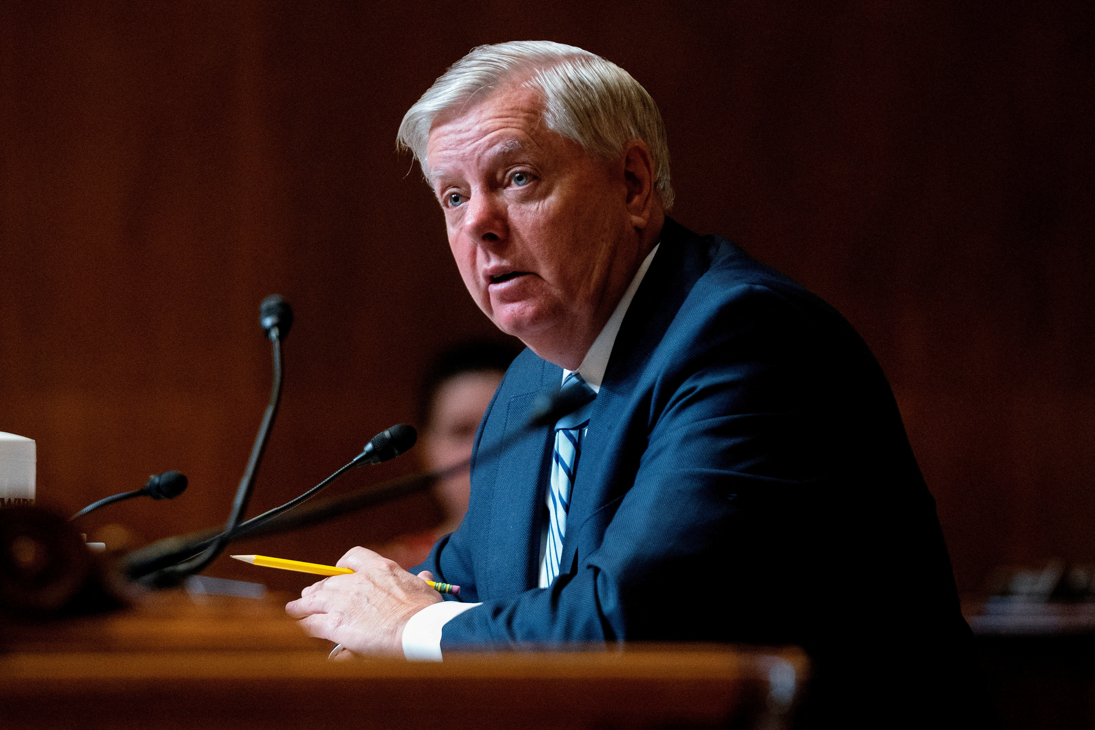 US Senator Lindsey Graham (R-SC) poses questions to Attorney General Merrick Garland during a Senate Appropriations Subcommittee on Appropriations