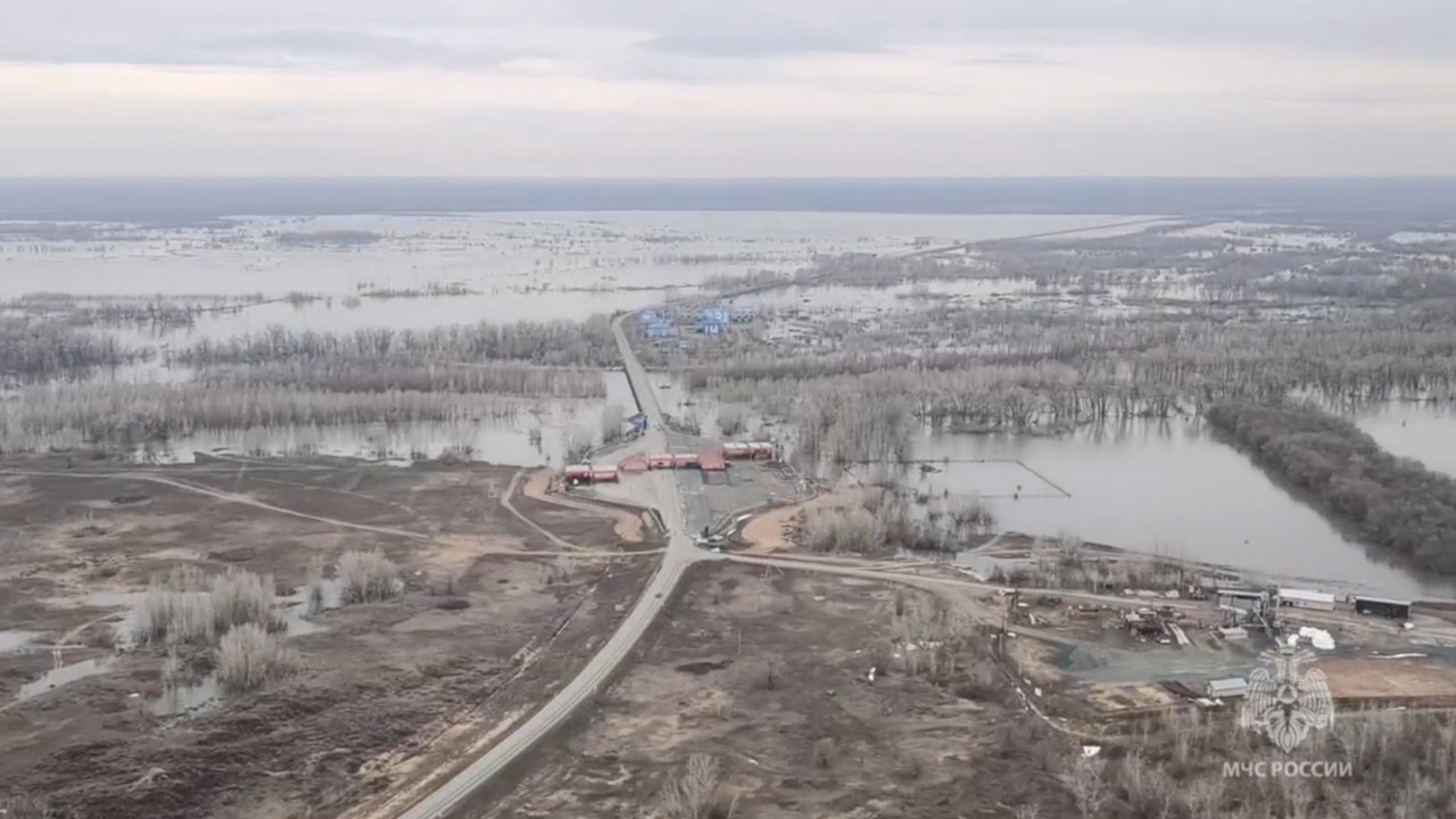 A view from a helicopter shows a flooded area in the Orenburg Region