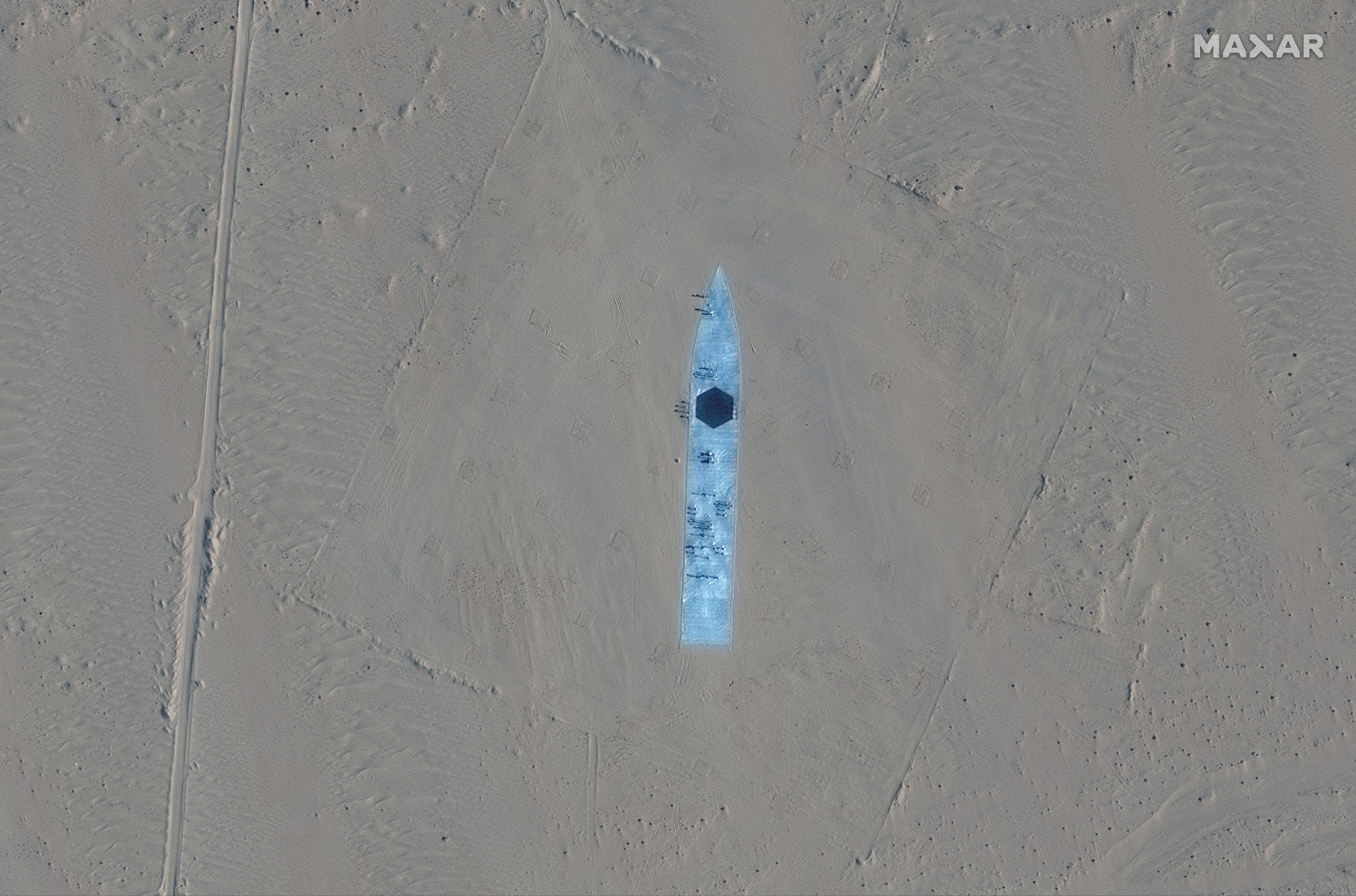 Maxar satellite image shows a destroyer target in Ruoqiang, Xinjiang, China
