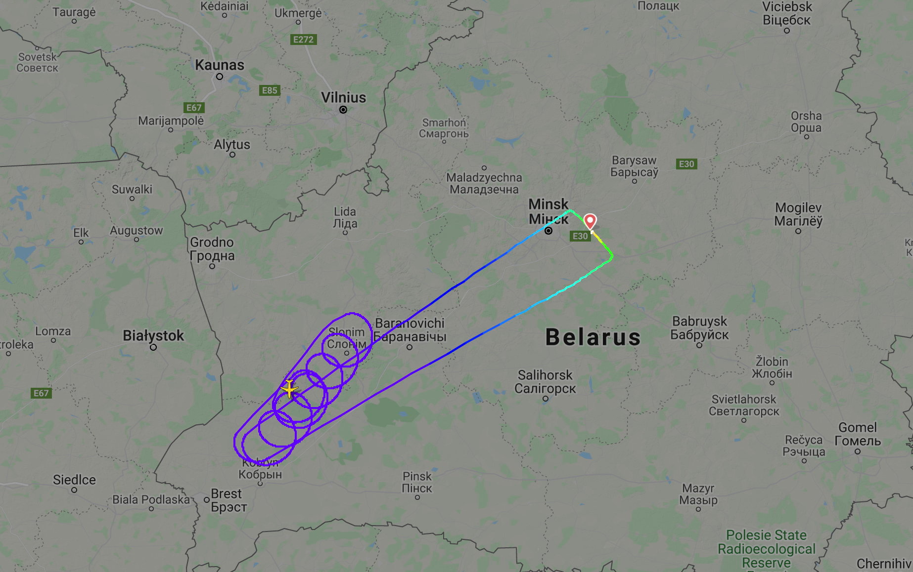 A still image taken from an animated graphic shows the flightpath of Belavia flight 2869 from Minsk to Barcelona flying in circles near Polish border before returning to Minsk