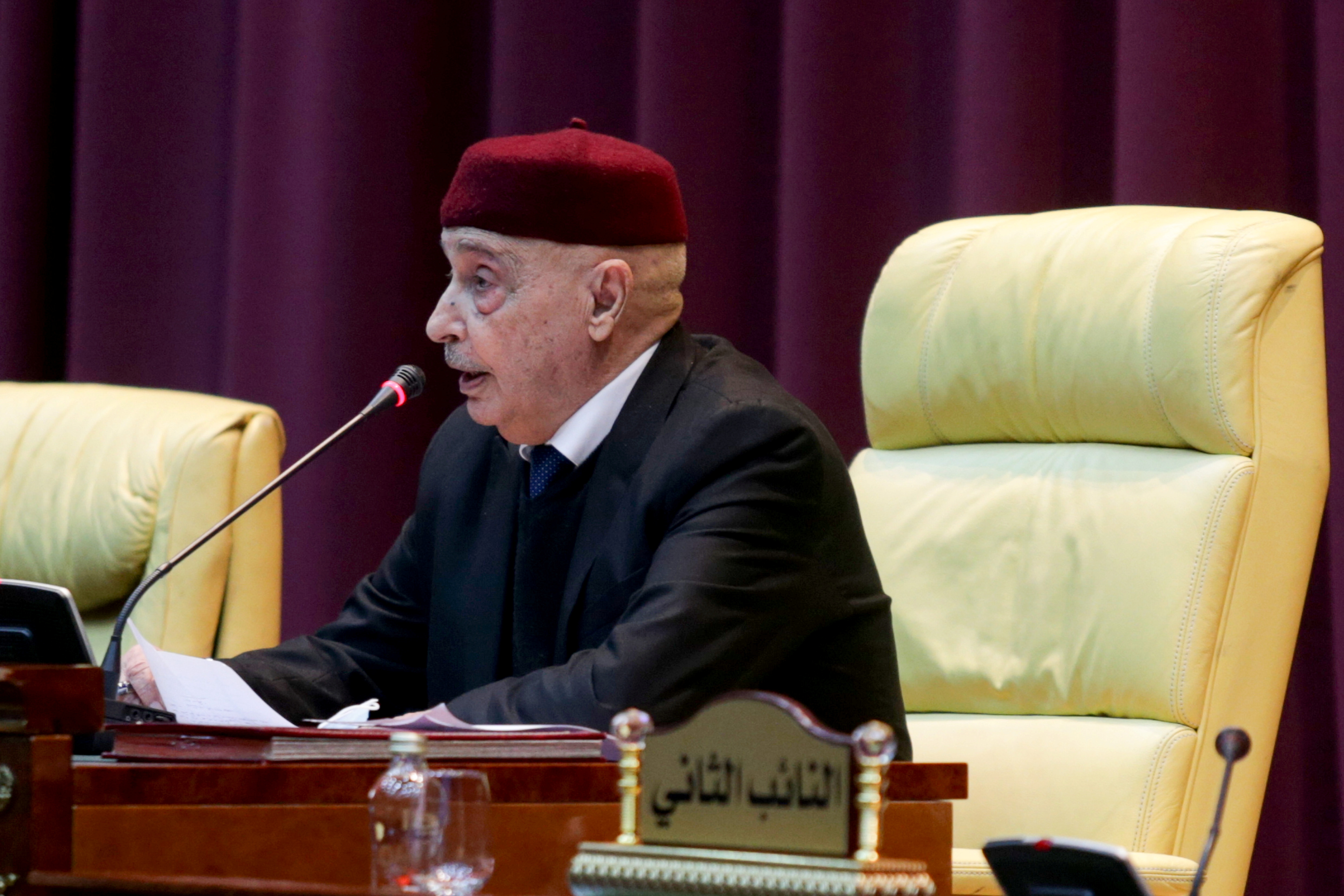 Parliament head Aguila Saleh attends a session to discuss approving new government, in Sirte