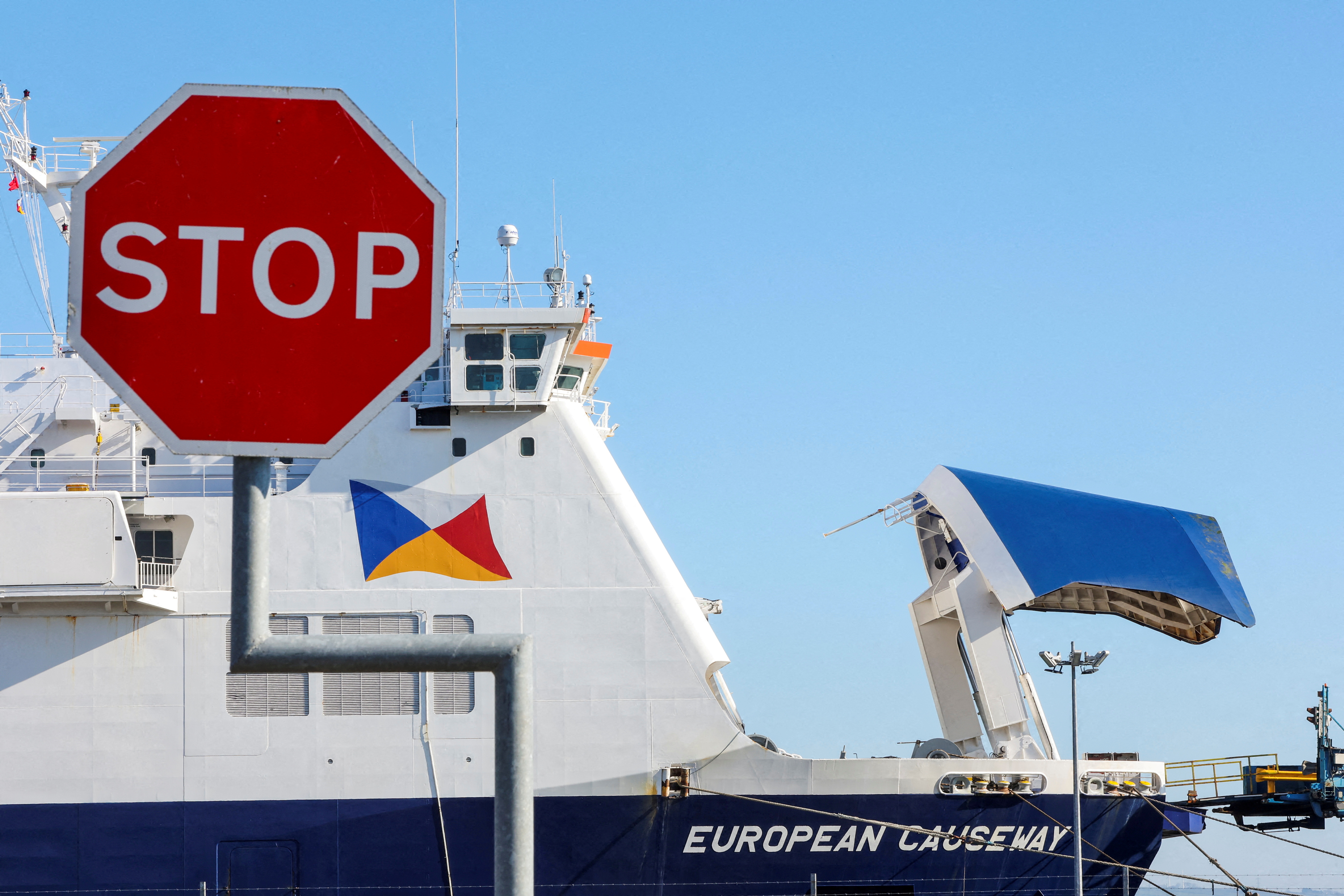 FILE PHOTO: P&O Ferries ship European Causeway, is seen in the Port of Larne