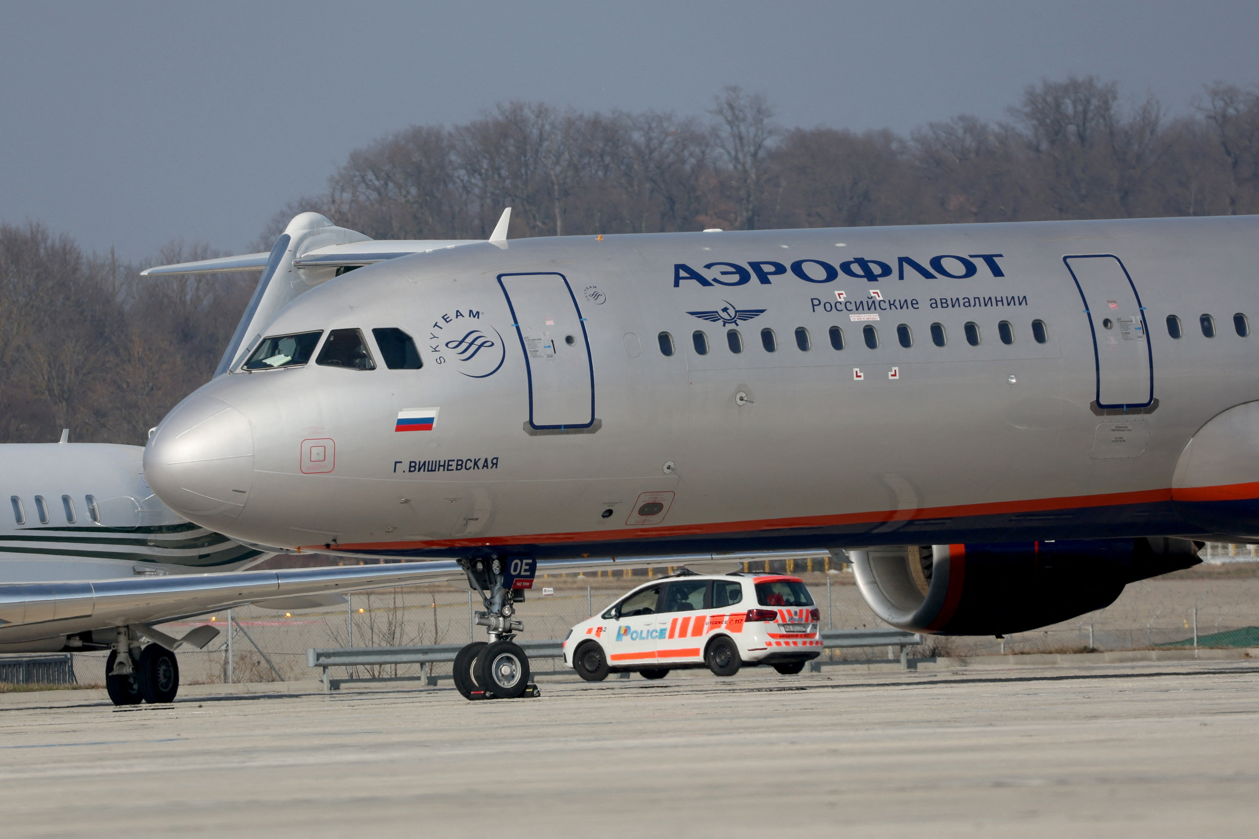 Aircraft of Russian airline Aeroflot is pictured at Cointrin airport in Geneva