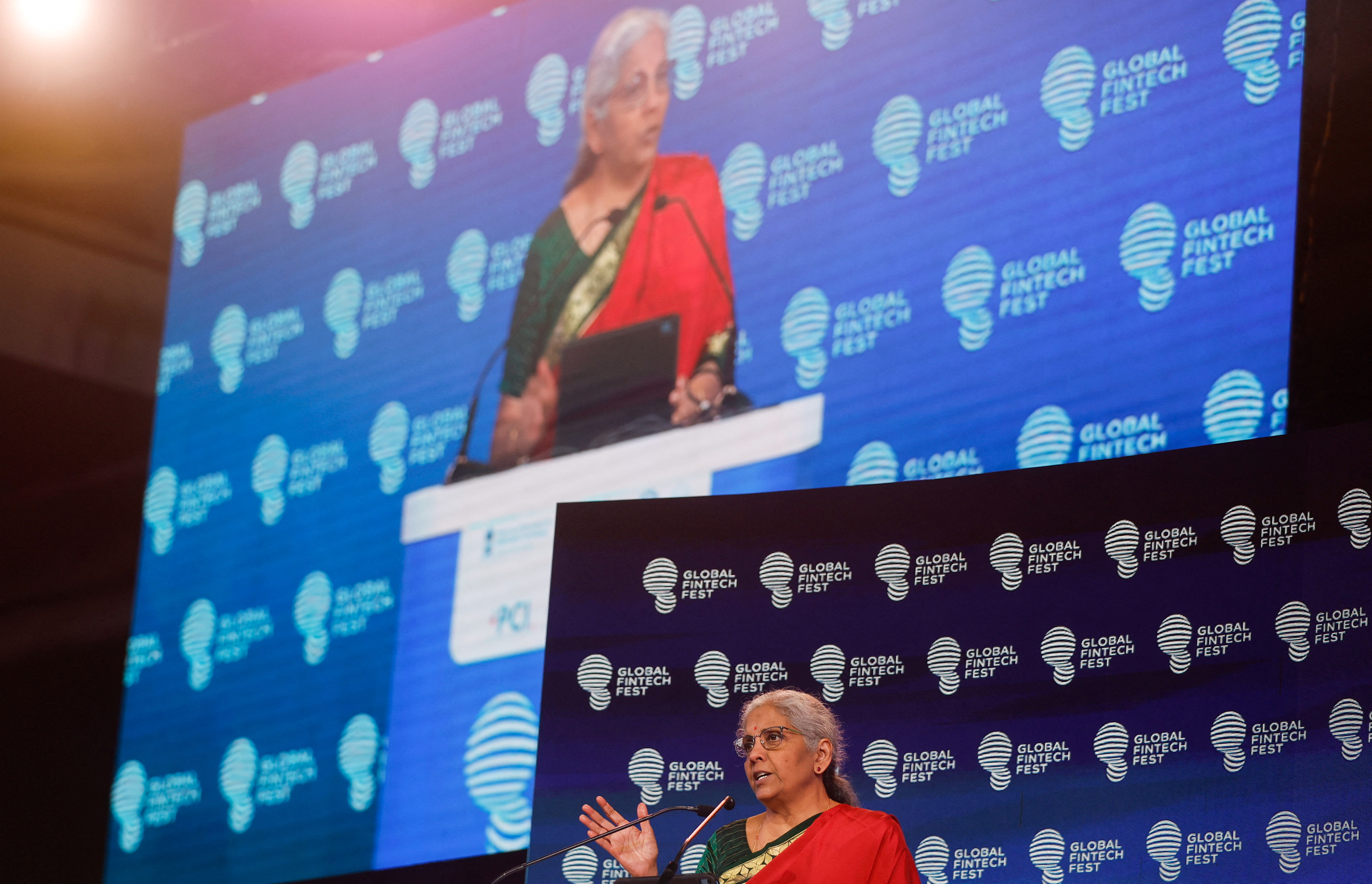 India's Finance Minister Nirmala Sitharaman speaks at the Global Fintech Fest in Mumbai