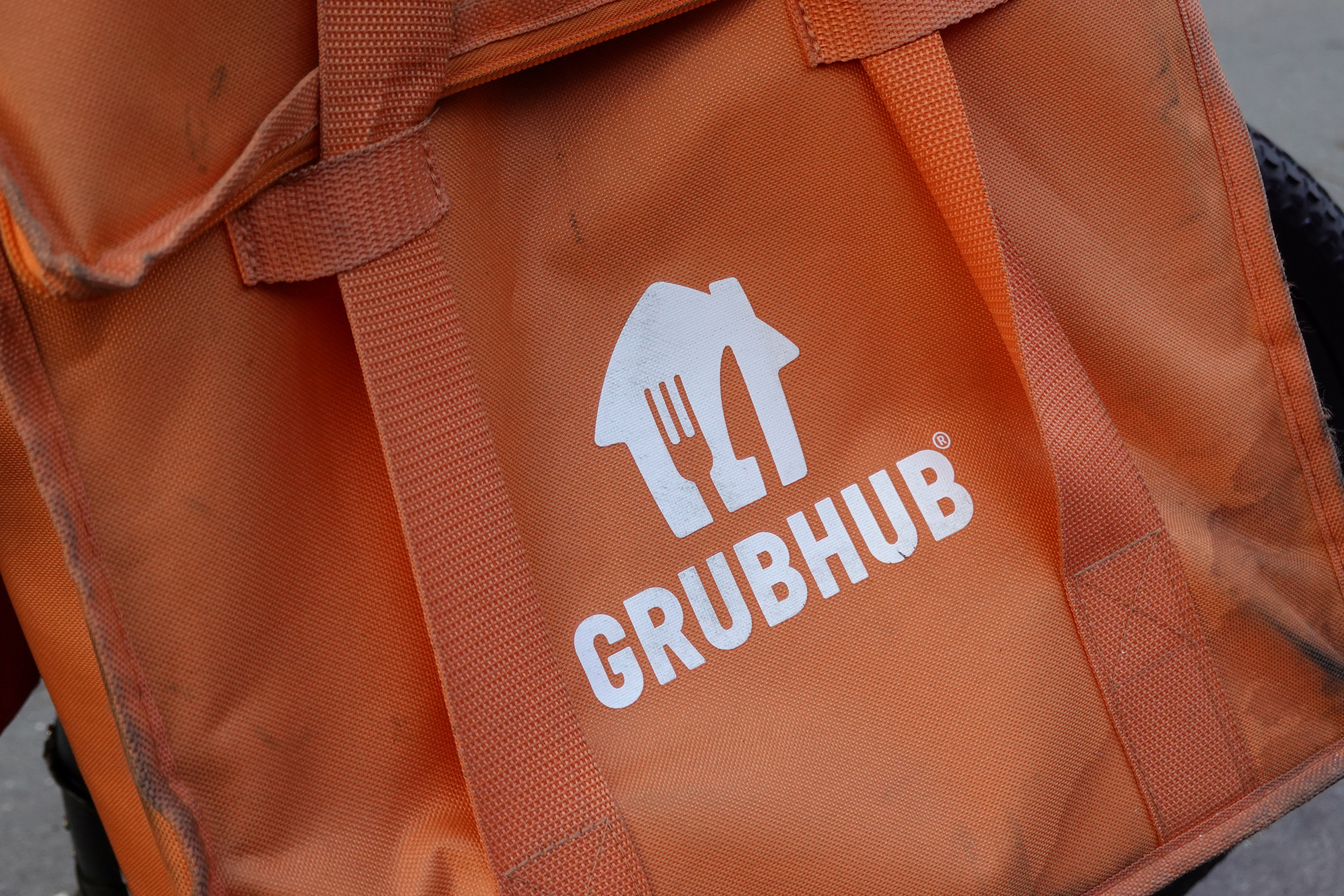 A Grubhub delivery bag is seen on a bicycle in Brooklyn, New York City