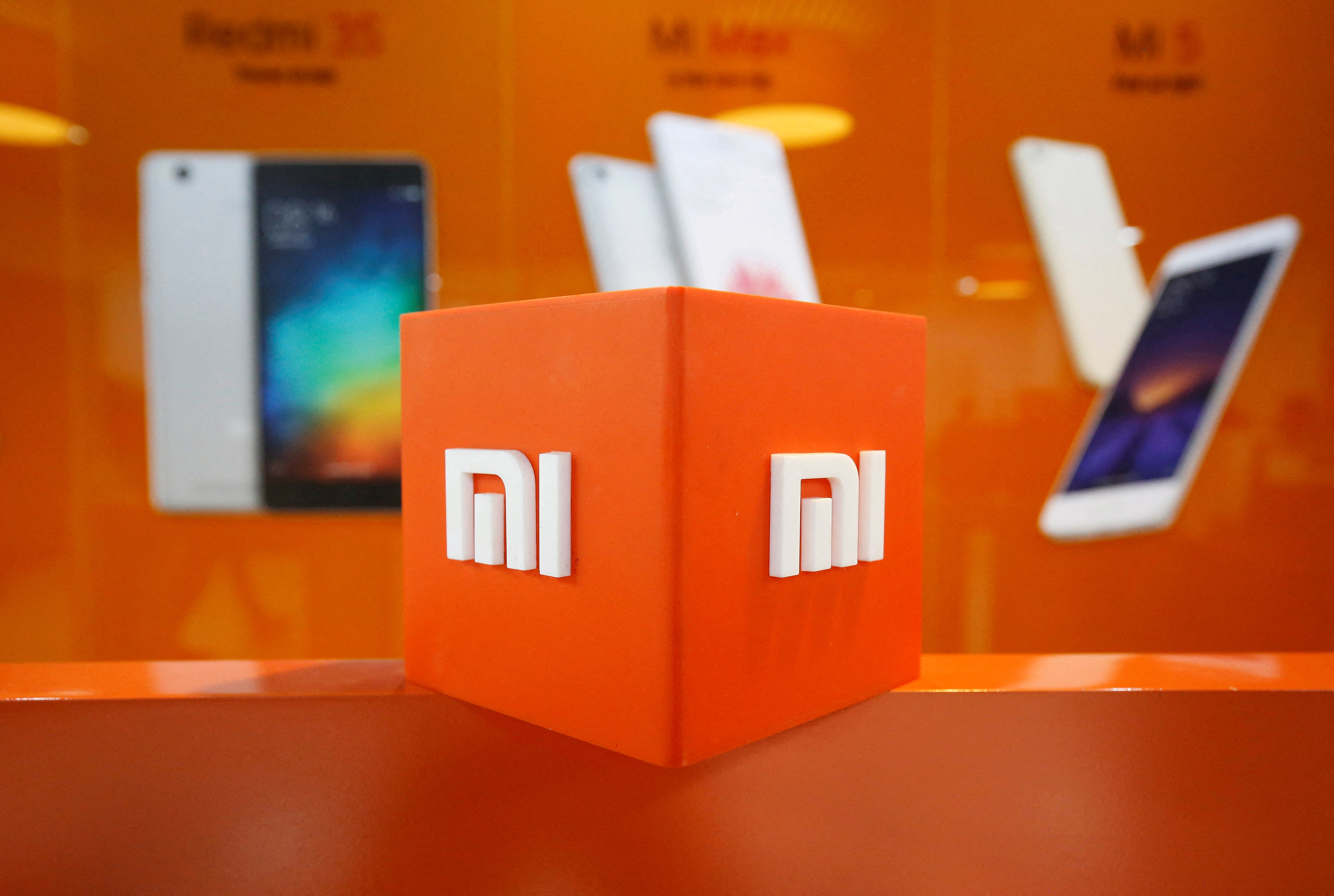The logo of Xiaomi is seen inside the company's office in Bengaluru