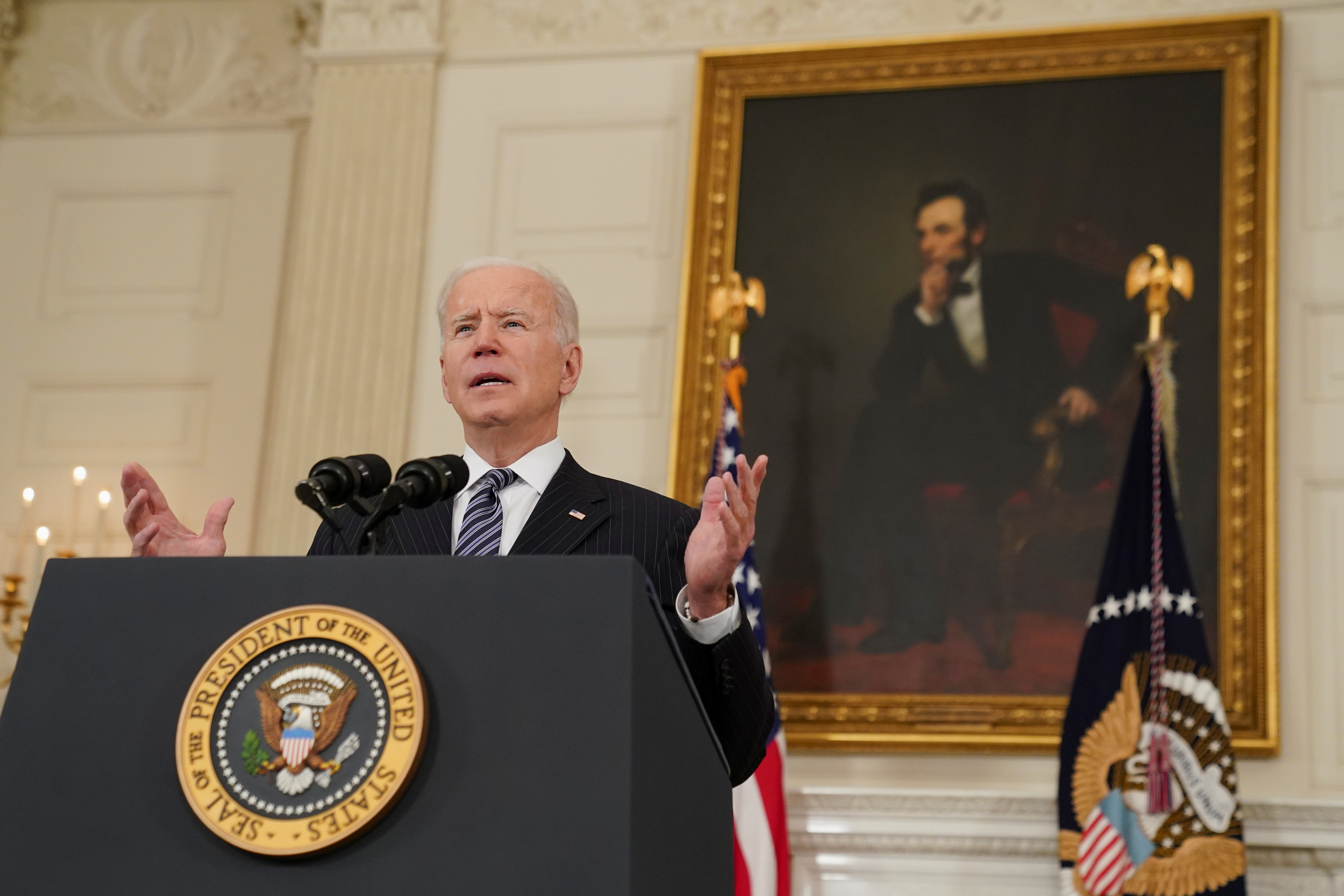 U.S. President Joe Biden delivers remarks on the state of the coronavirus disease (COVID-19) vaccinations