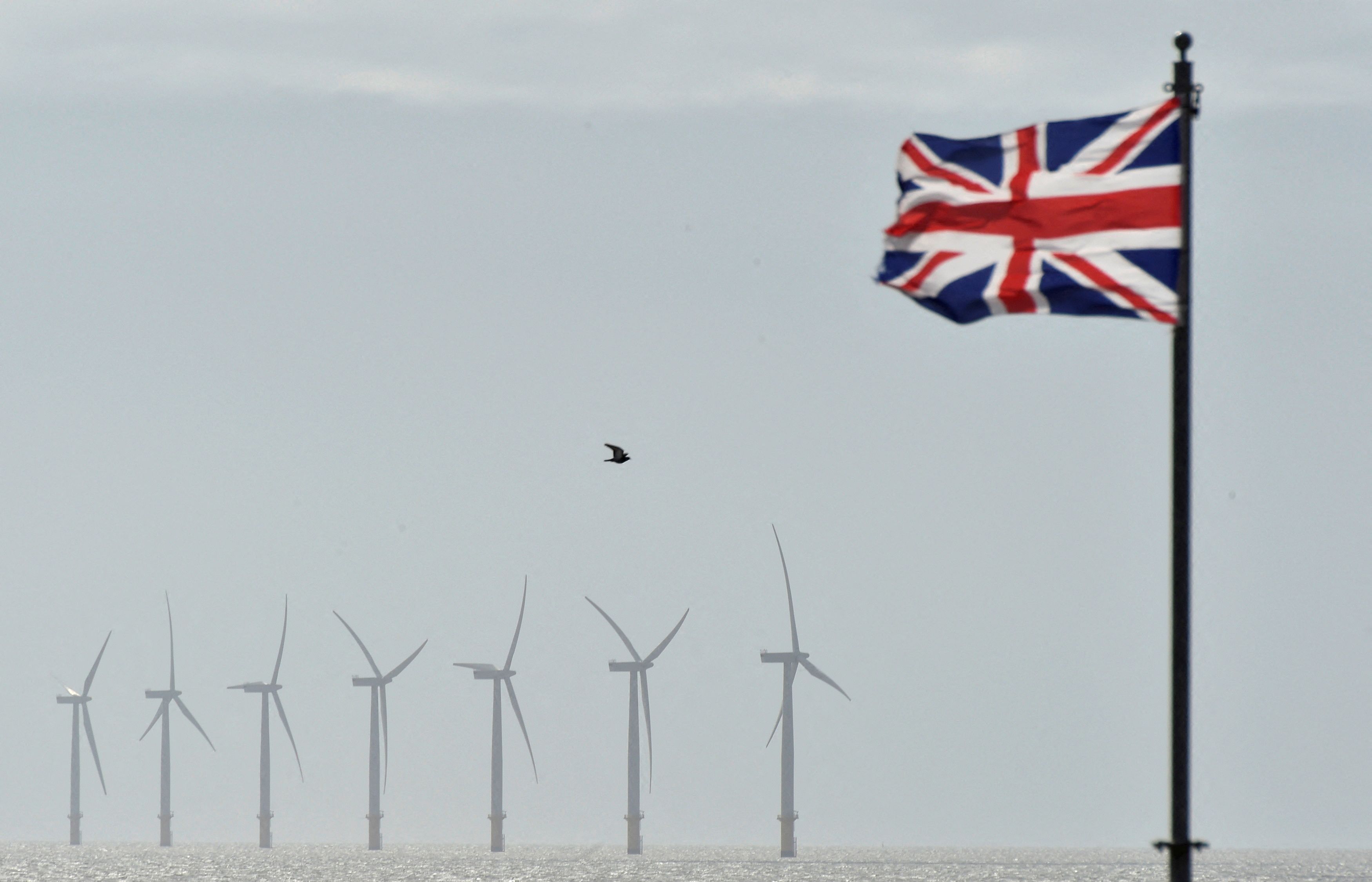 An off-shore wind farm is seen in the English Channel near Clacton-on-Sea in England