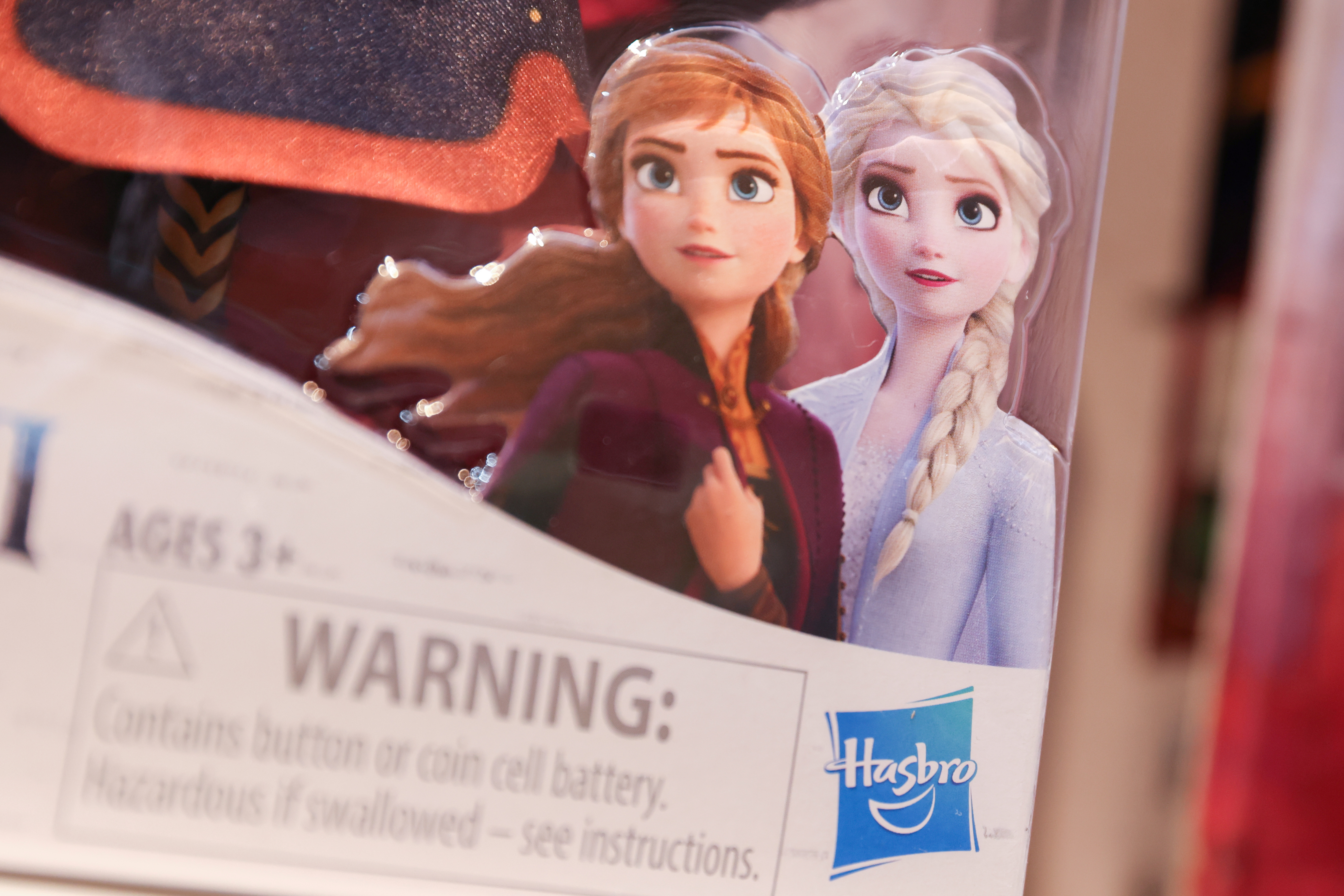 The Hasbro, Inc. logo is seen on Frozen 2 toys for sale in a store in Manhattan, New York