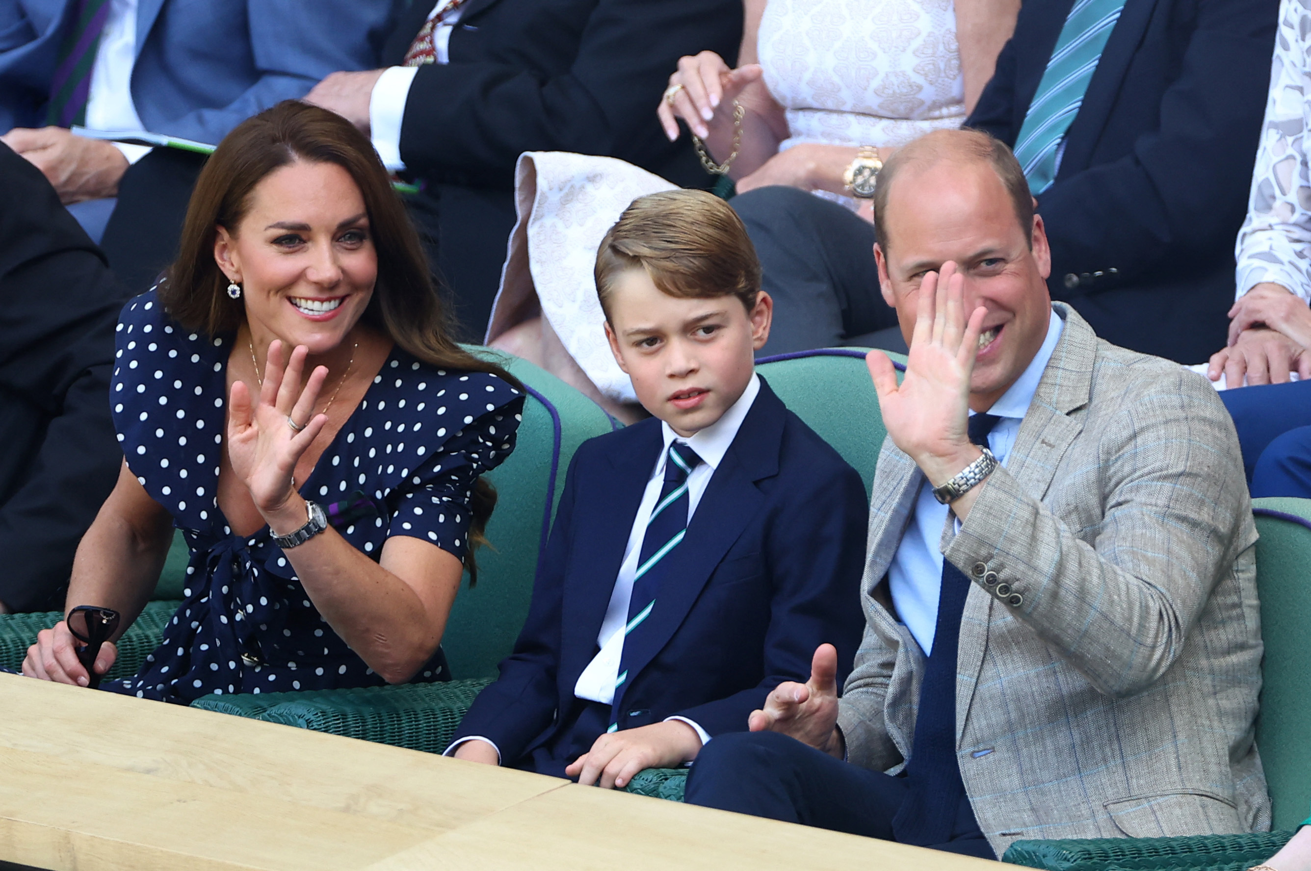 Tennis - Wimbledon - All England Lawn Tennis and Croquet Club, London, Britain - July 10, 2022 Britain's Catherine, the Duchess of Cambridge and Britain's Prince William, Duke of Cambridge and their son Prince George in the royal box ahead of the men's si