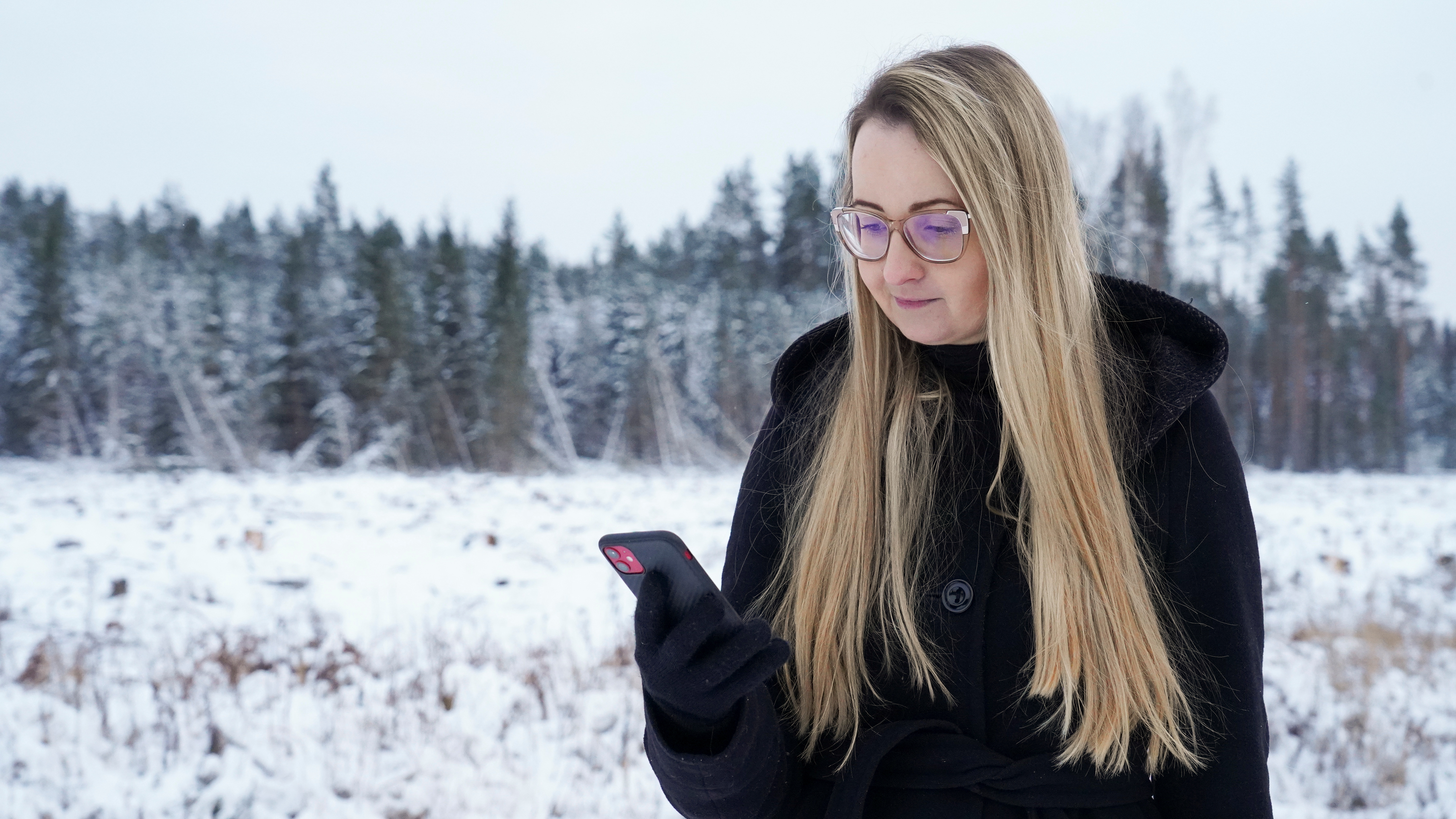 Merit Valdsalu, a CEO of an Estonian company Single.Earth, looks at her phone at a clearcut forest, in Haademeeste