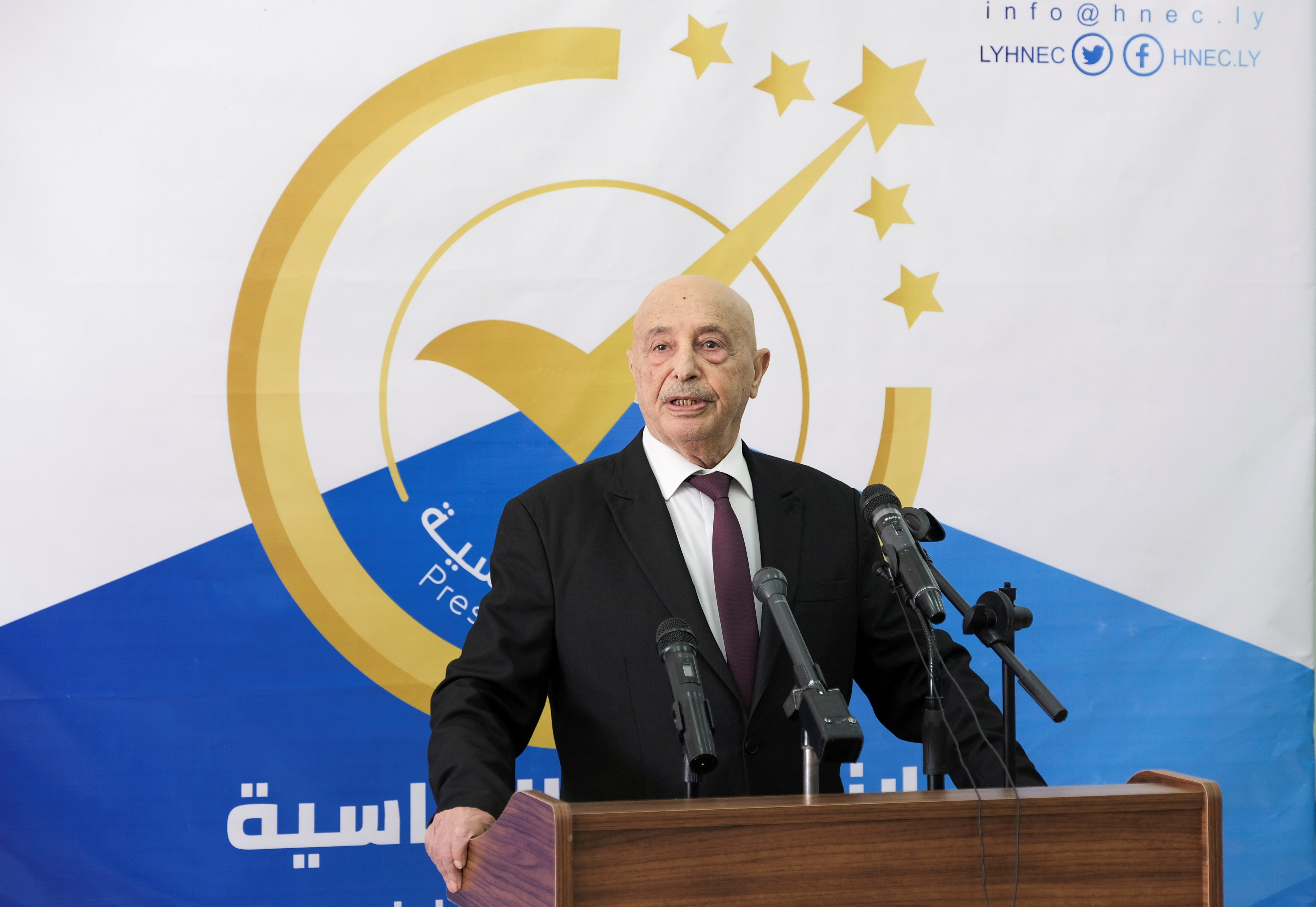 Aguila Saleh, Speaker of the eastern-based Libyan parliament speaks to the media after submitting his candidacy papers for the presidential elections in Benghazi