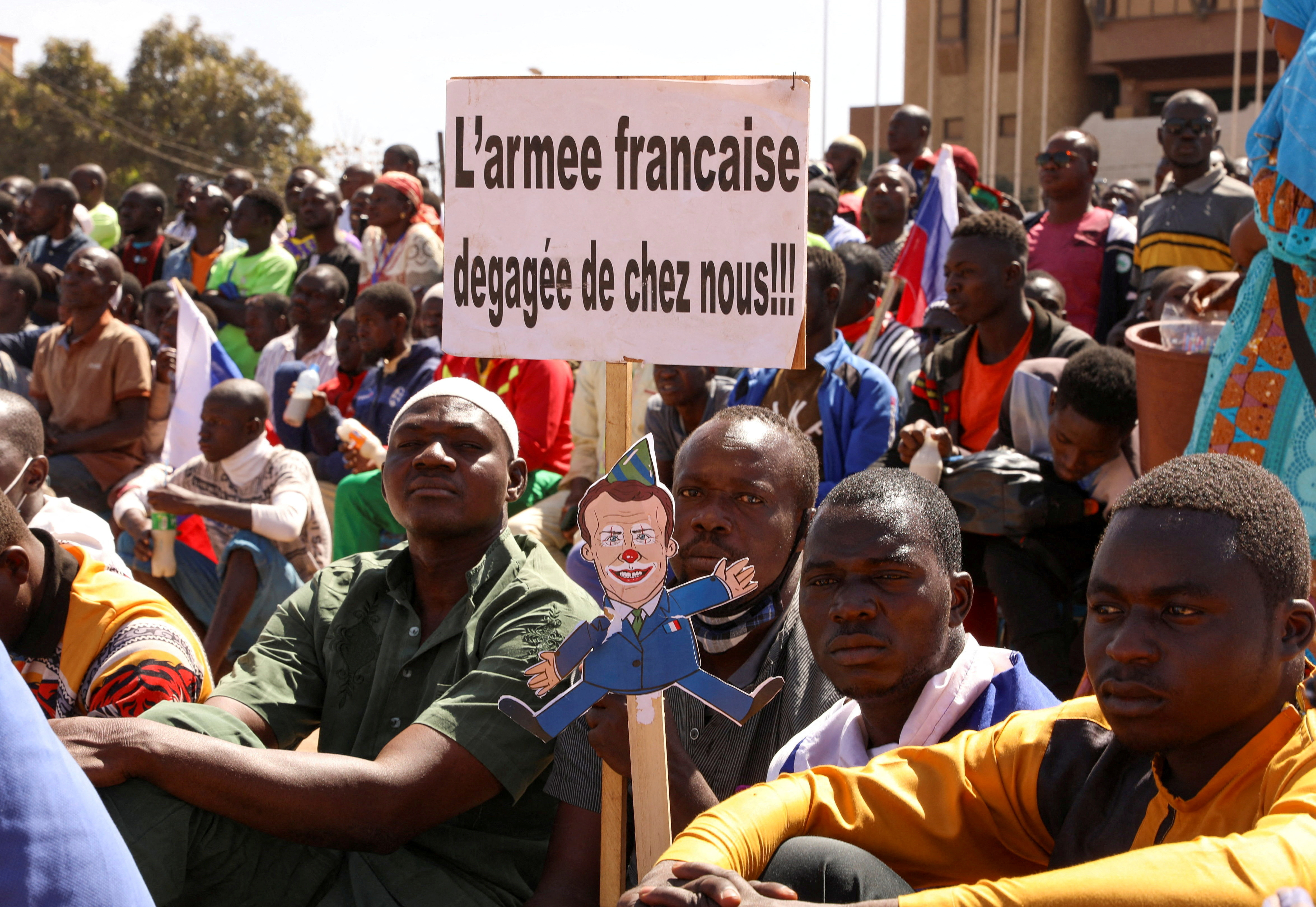 People gather to show their support to Burkina Faso's new military leader Ibrahim Traore and demand the departure of the French ambassador in Ouagadougou