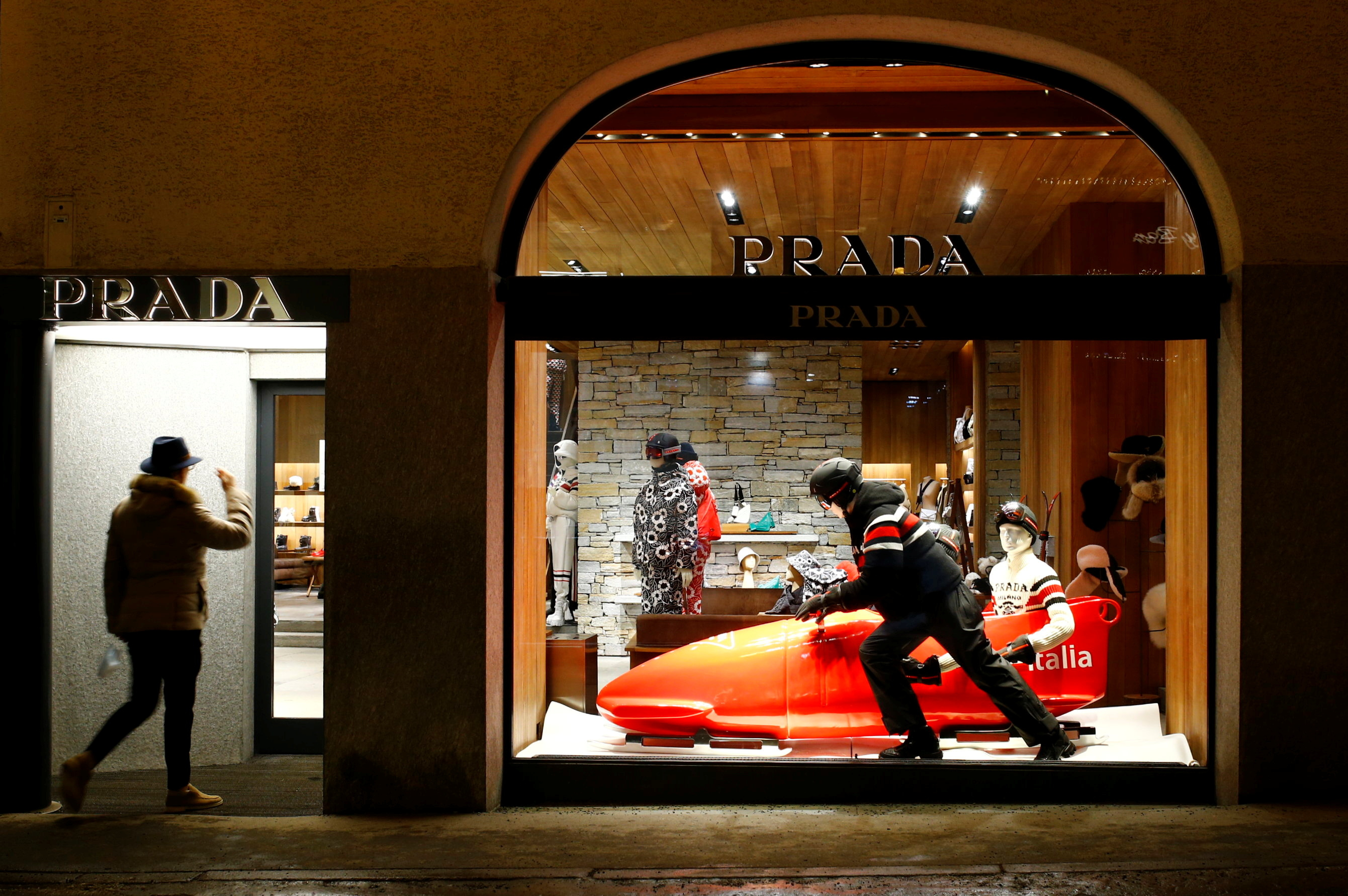 A bobsleigh is used as decoration at a Prada store in St. Moritz