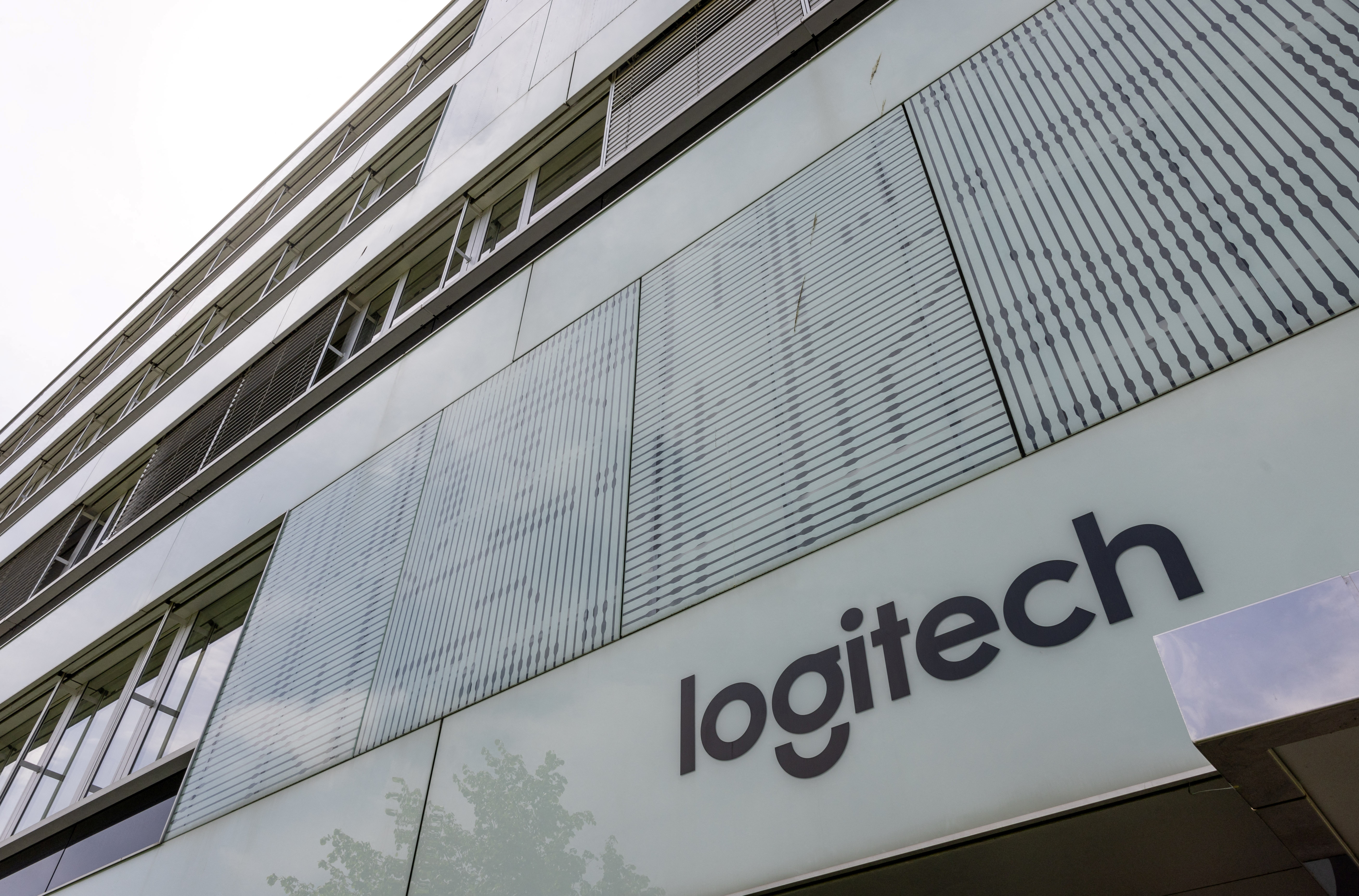 A Logitech logo is seen on a building at the EPFL in Ecublens