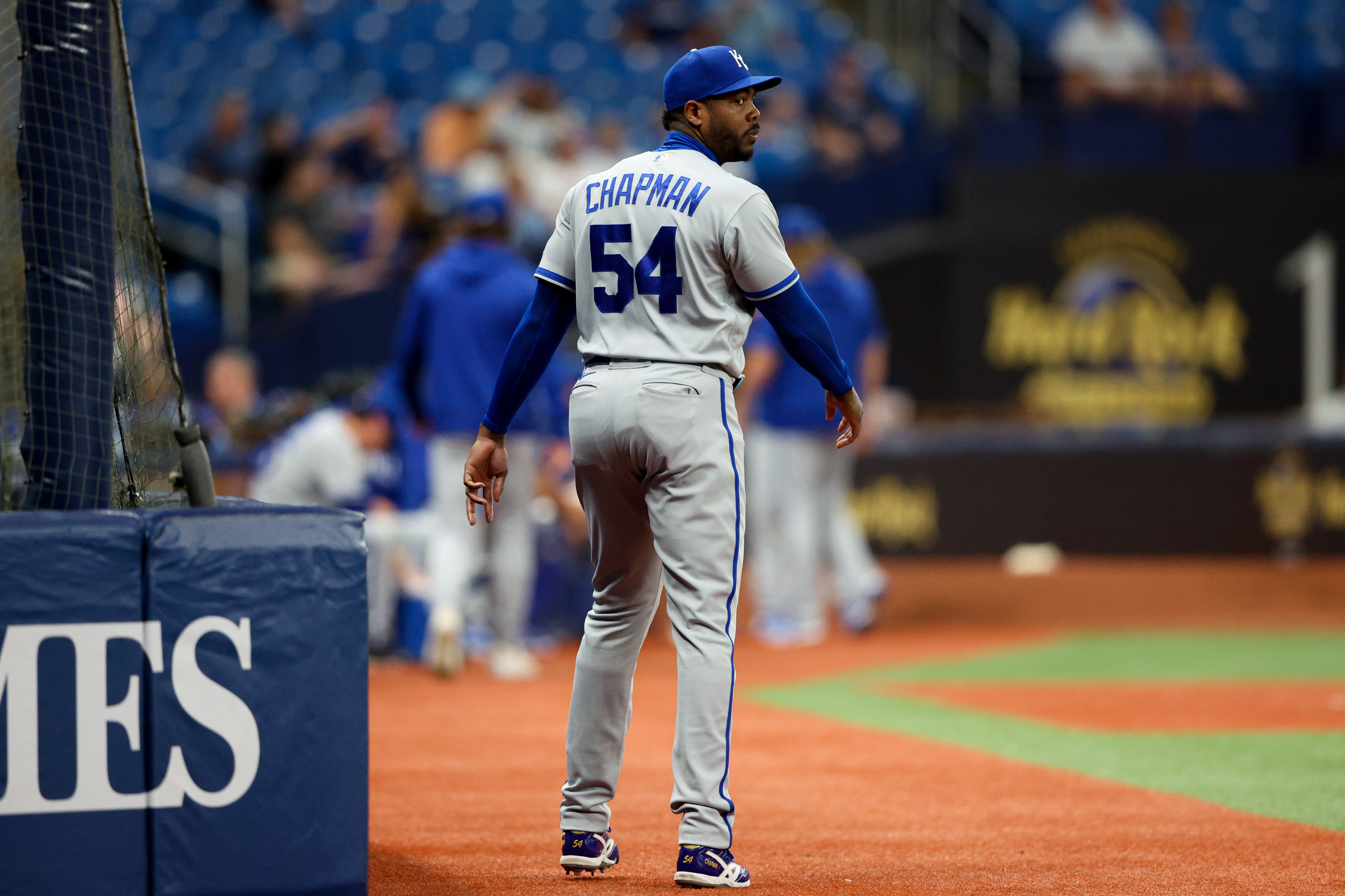 Tampa Bay Rays' Ji-Man Choi (26) warms up before a baseball game against  the Kansas City Royals at Kauffman Stadium in Kansas City, Mo., Monday,  April 29, 2019. (AP Photo/Orlin Wagner Stock