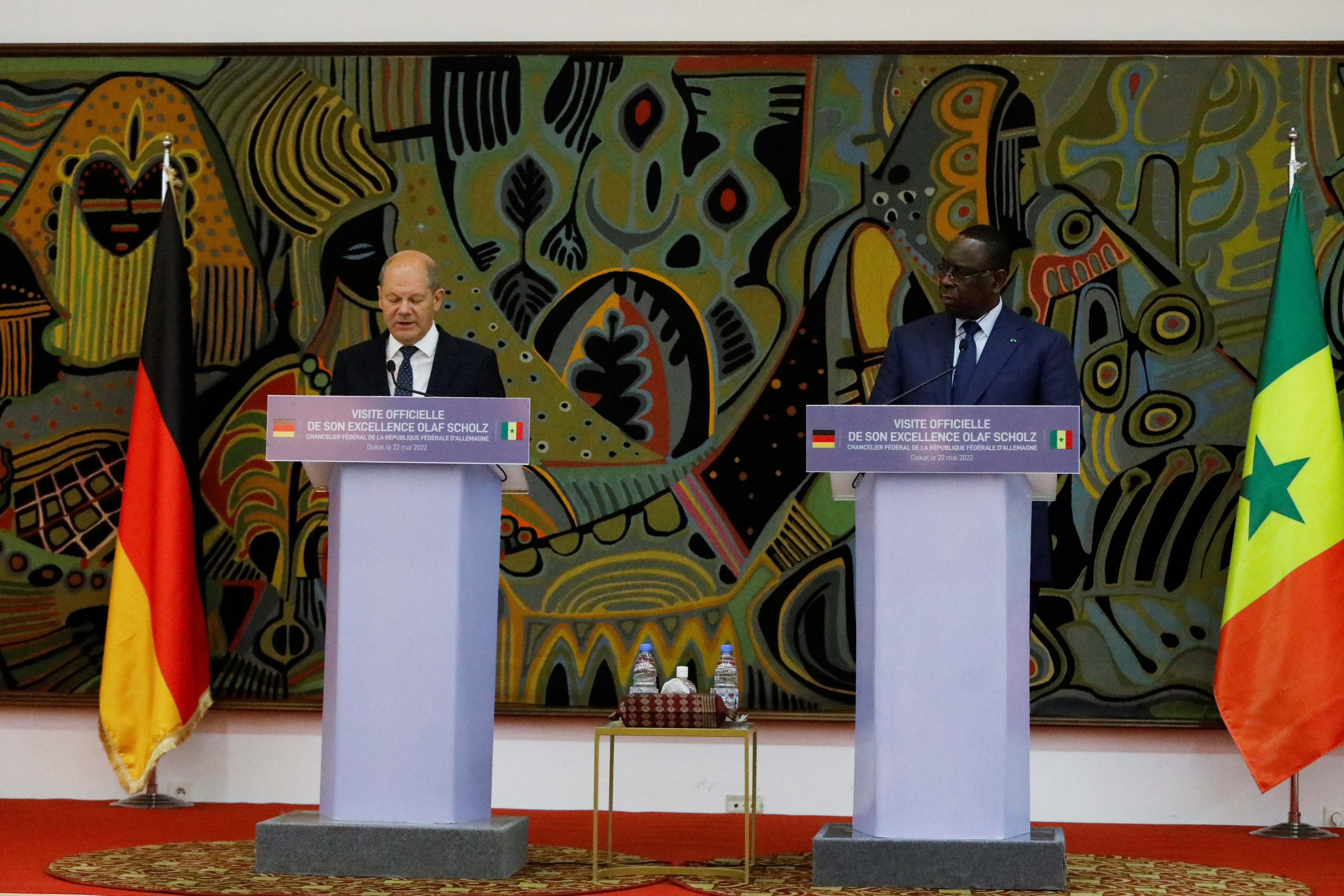 Senegal's president Macky Sall  and German Chancellor Olaf Scholz  hold a press conference at the presidential palace in Dakar,