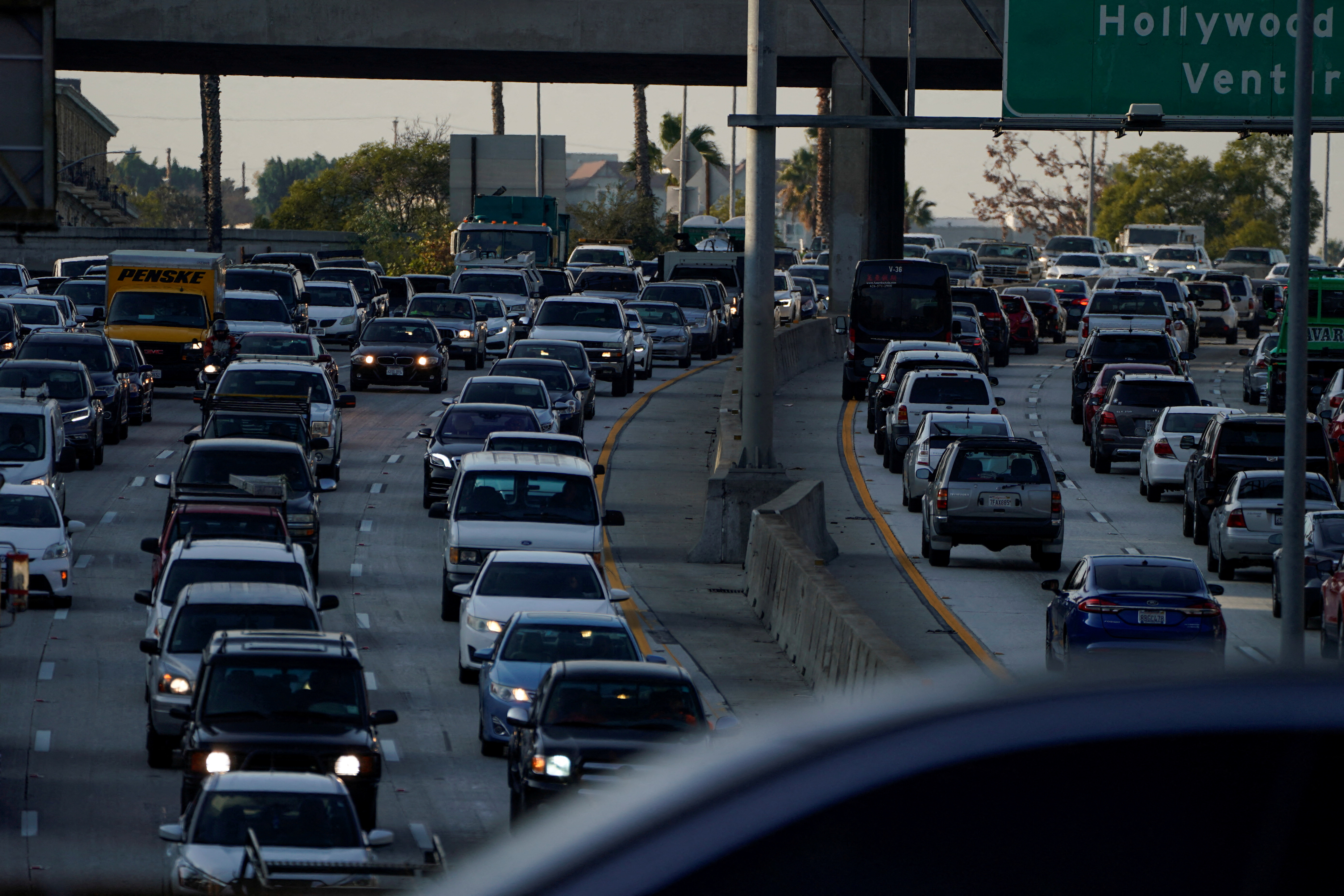 Cars travel along a freeway in down town Los Angeles