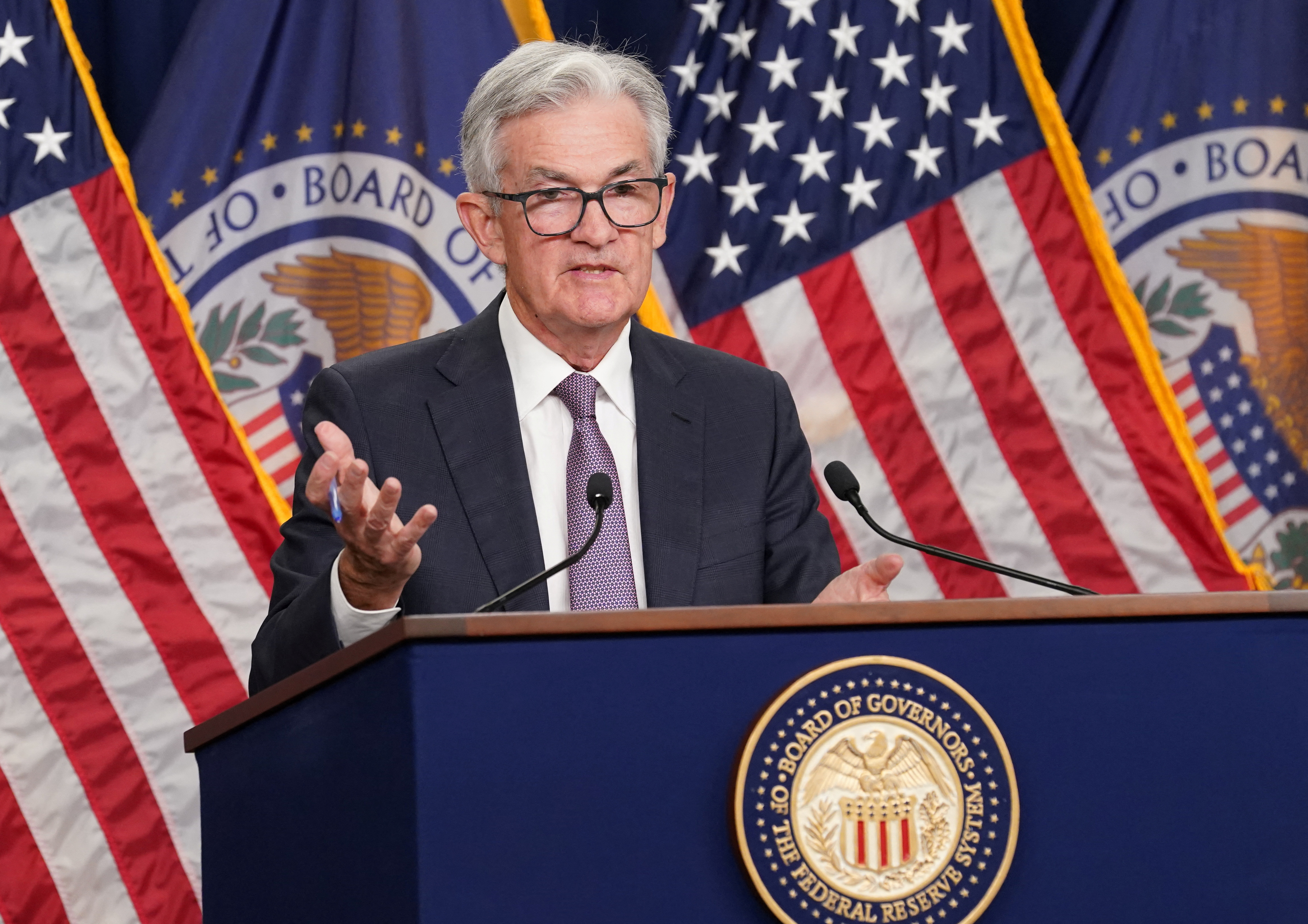 Federal Reserve chair Jerome Powell holds a news conference on today’s interest rate hike in Washington