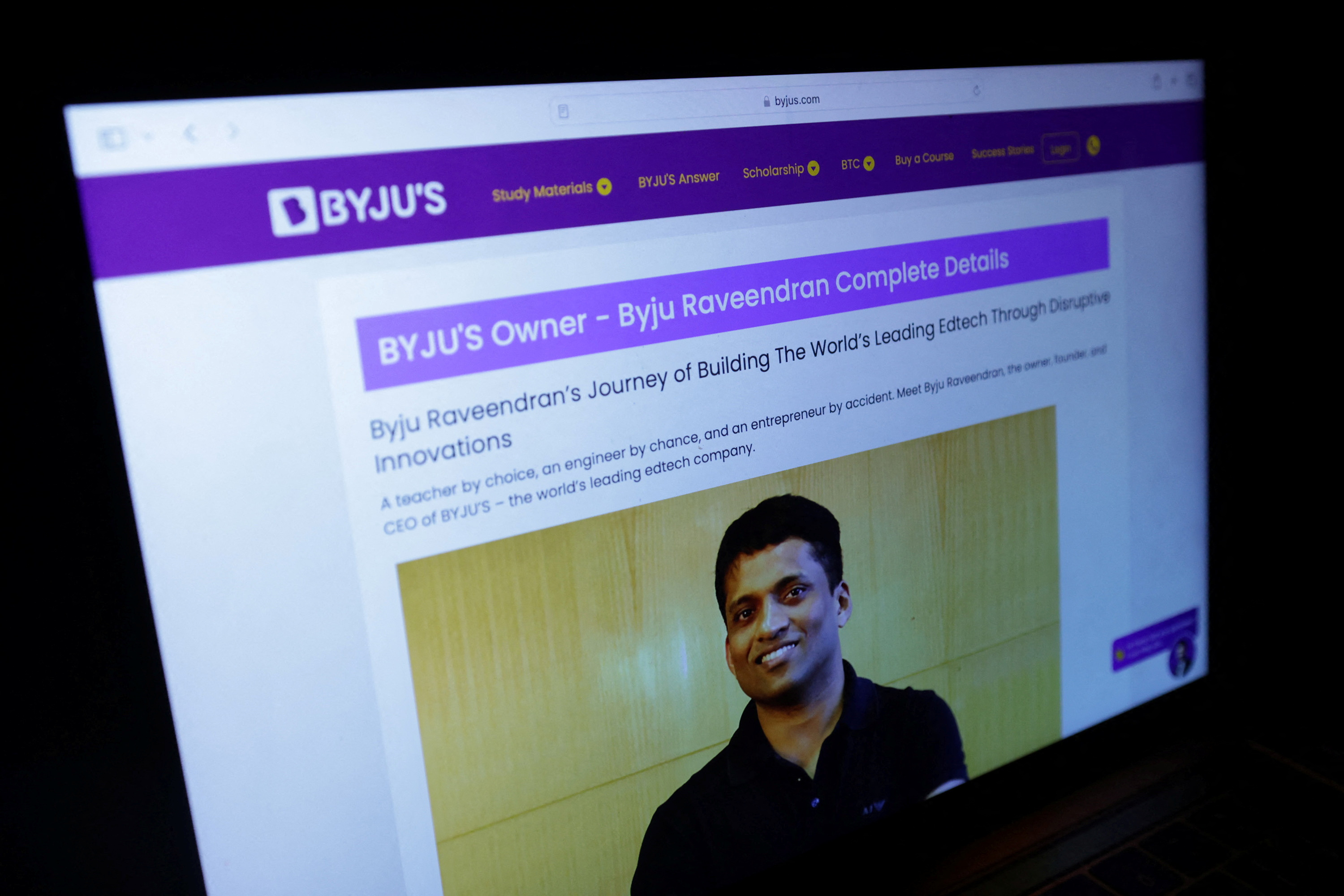 Illustration shows BYJU'S Owner Byju Raveendran photo on his company web page