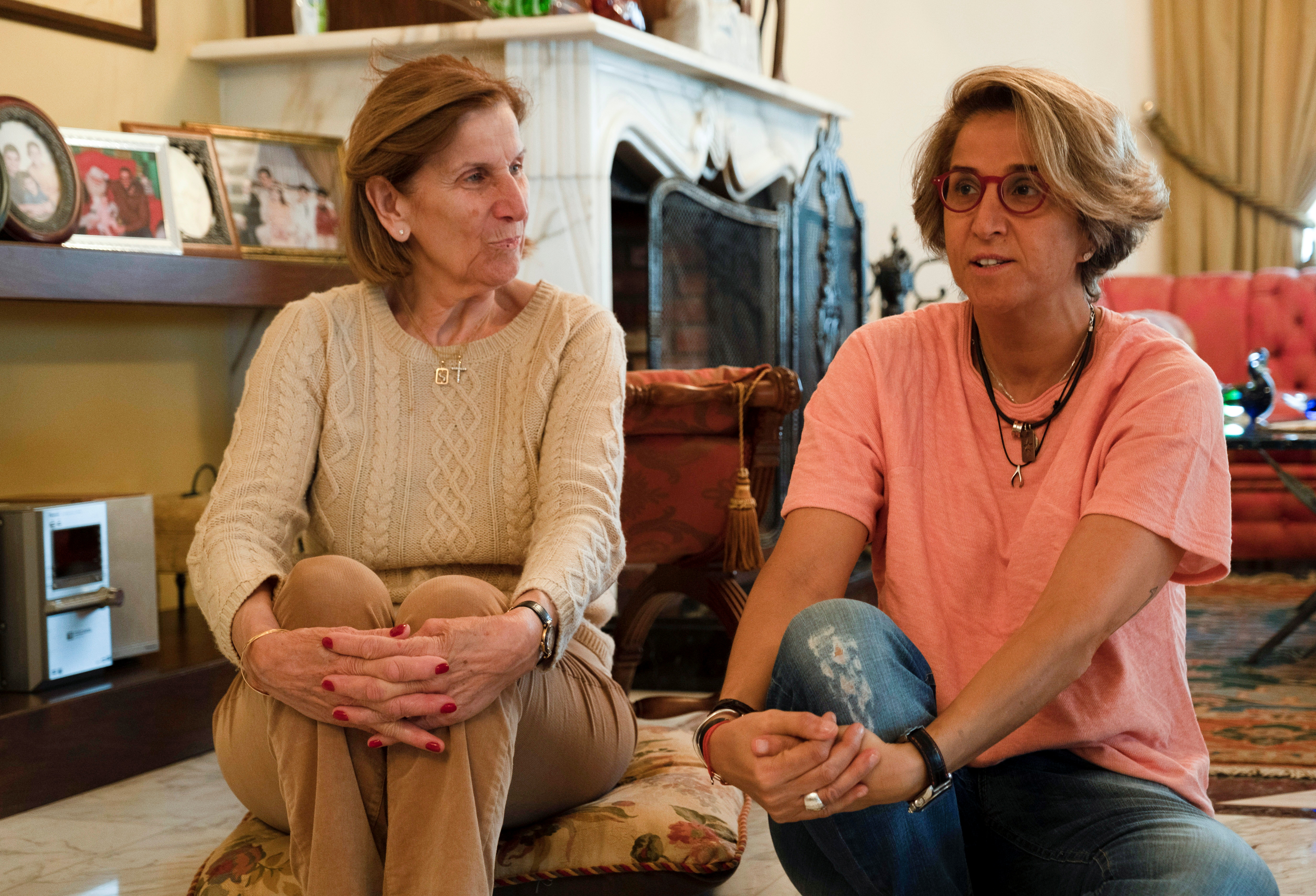 Suzanne Mouawad, a Lebanese entrepreneur, sits with her mother at their home in Mazraat Yachouh