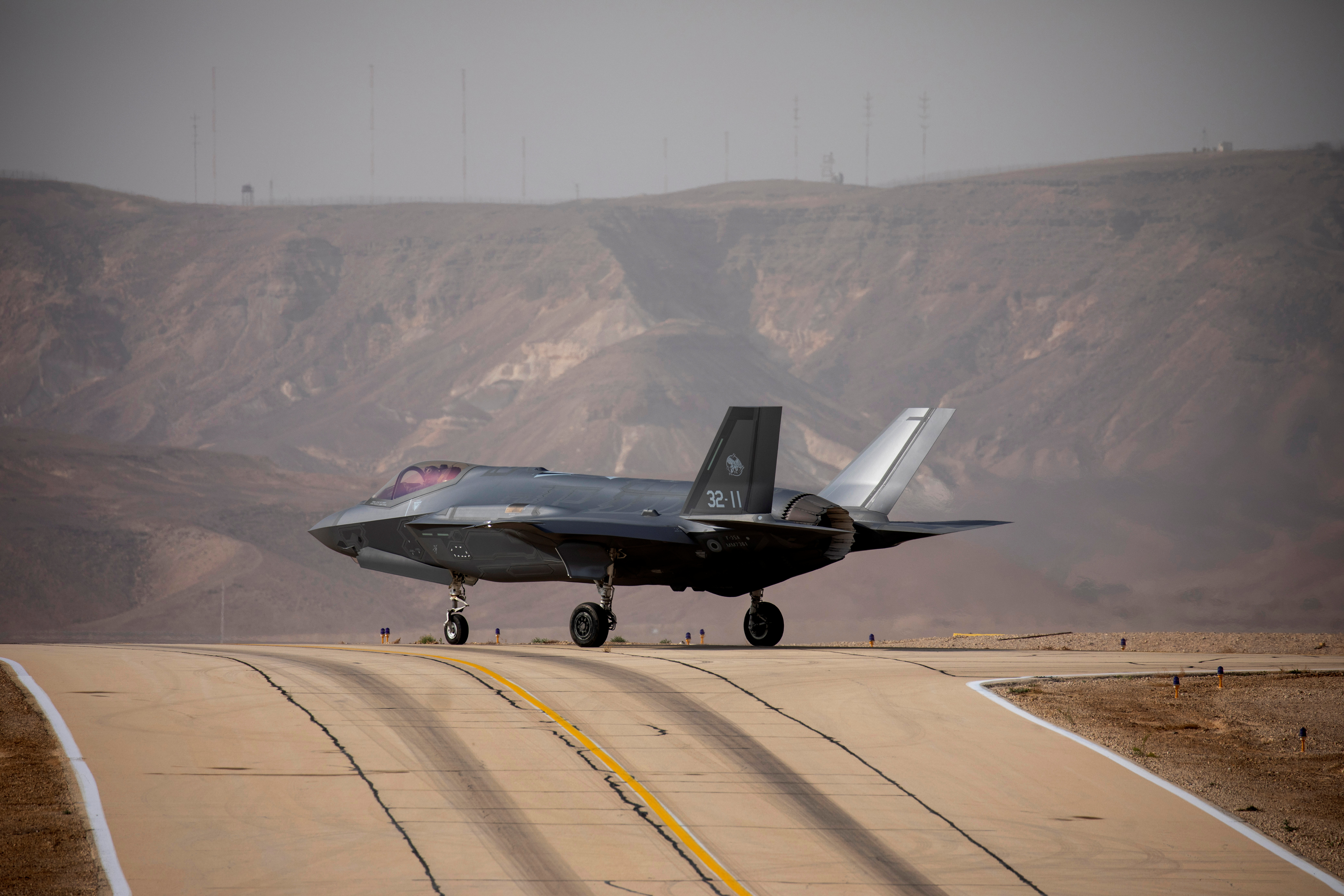 An Italian F35 aircraft is seen on the runway during "Blue Flag", an aerial exercise hosted by Israel with the participation of foreign air force crews, at Ovda military air base, southern Israel
