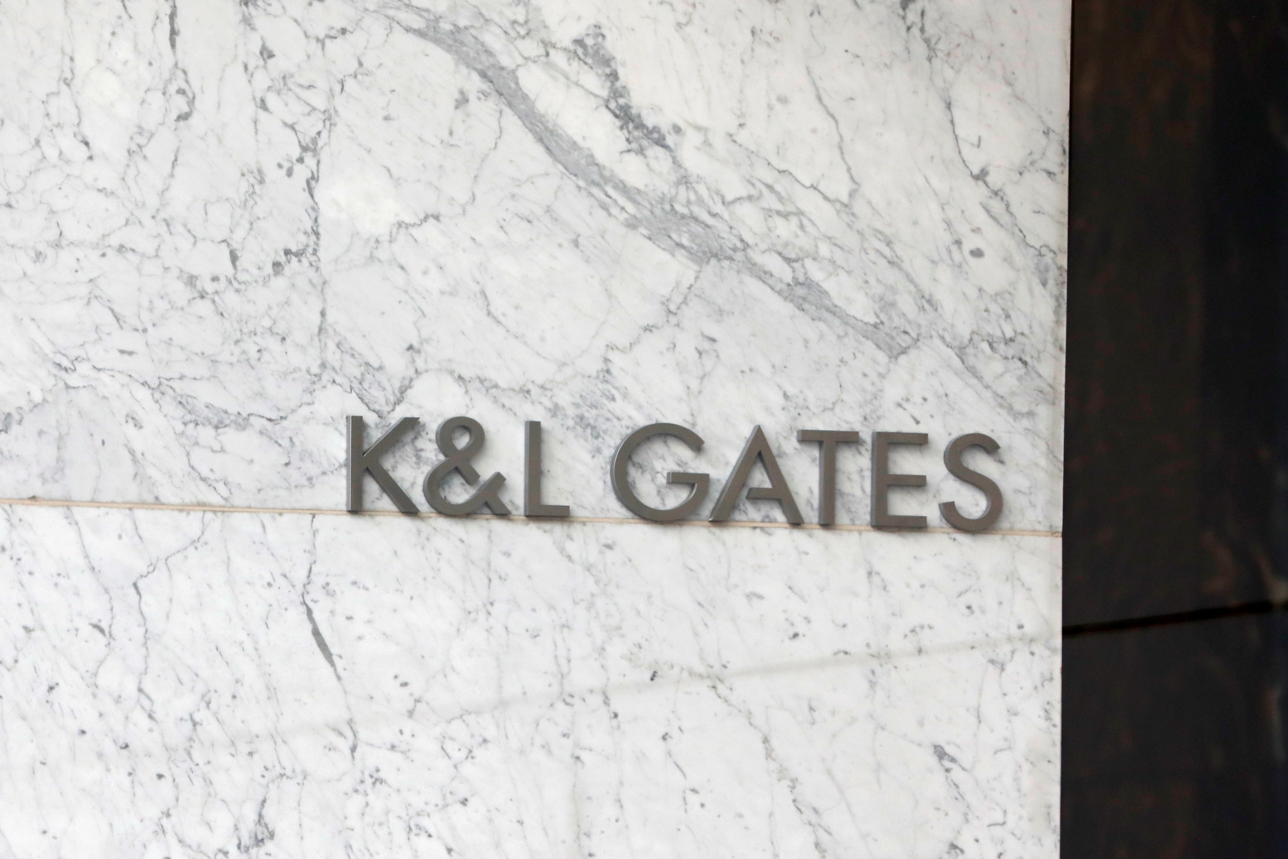 Signage is seen in the lobby of the law firm K&L Gates LLP in Manhattan, New York City