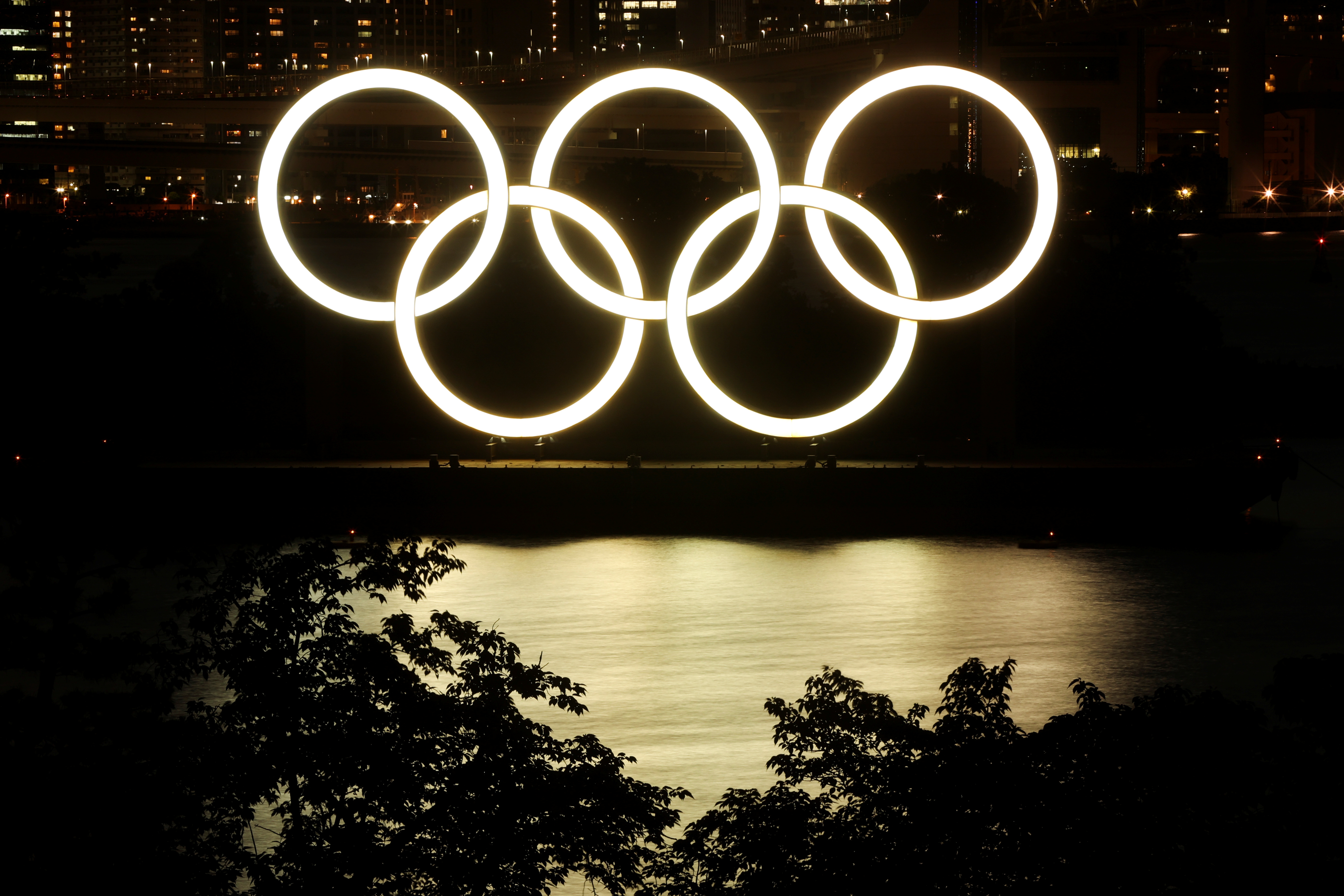 A general view of the Olympic Rings installed on a floating platform in preparation for the Tokyo 2020 Olympic Games in Tokyo