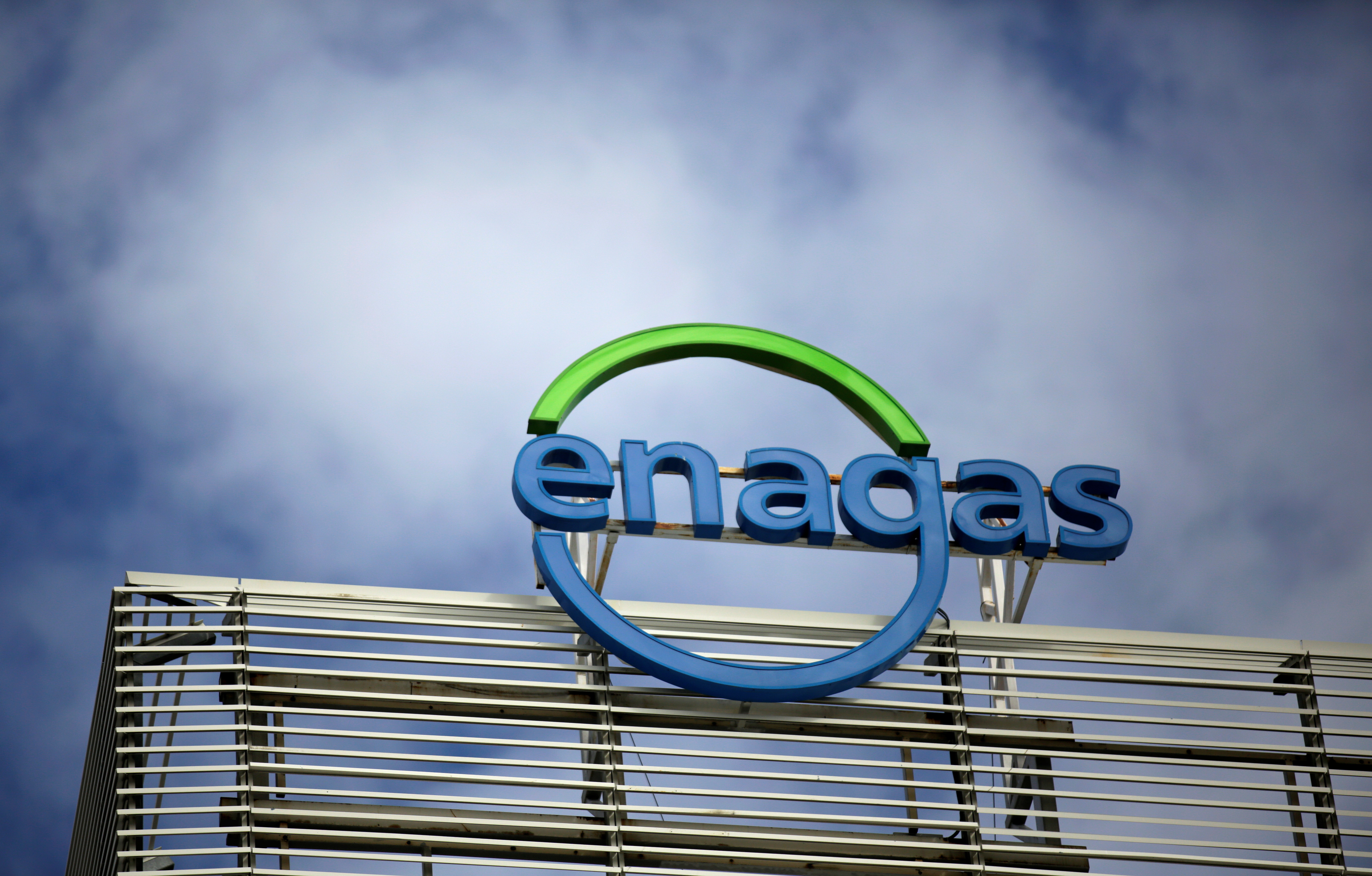 The logo of Enagas is seen on top of the headquarters in Madrid, Spain