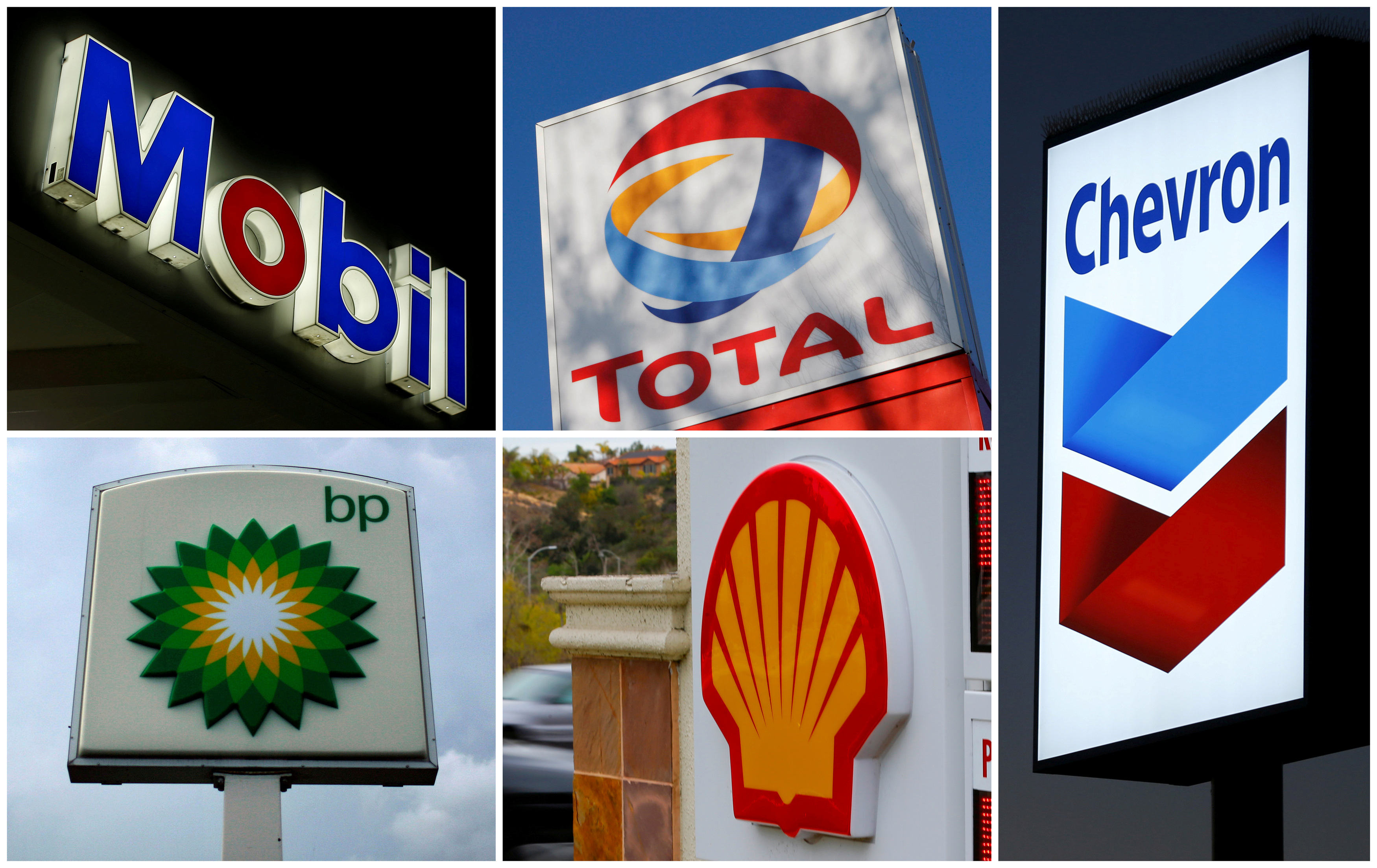 A combination of file photos shows the logos of five of the largest publicly traded oil companies BP, Chevron, Exxon, Mobil Royal Dutch Shell,and Total