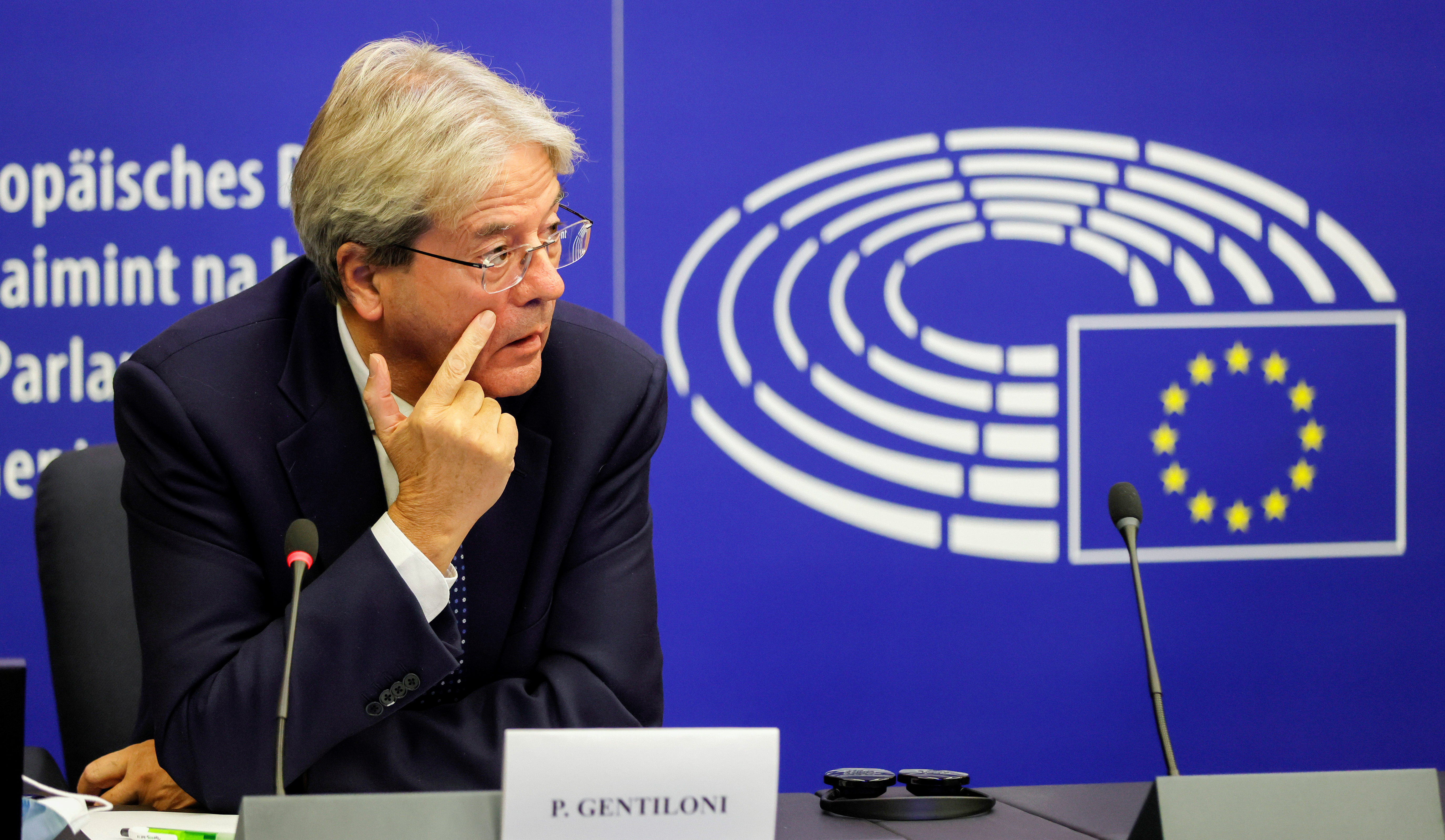 European Commissioner for Economy Paolo Gentiloni attends a press conference of Read-out of the College meeting during a debate on Poland's challenge to the supremacy of EU laws at the European Parliament in Strasbourg, France, October 19, 2021. Ronald Wittek/Pool via REUTERS