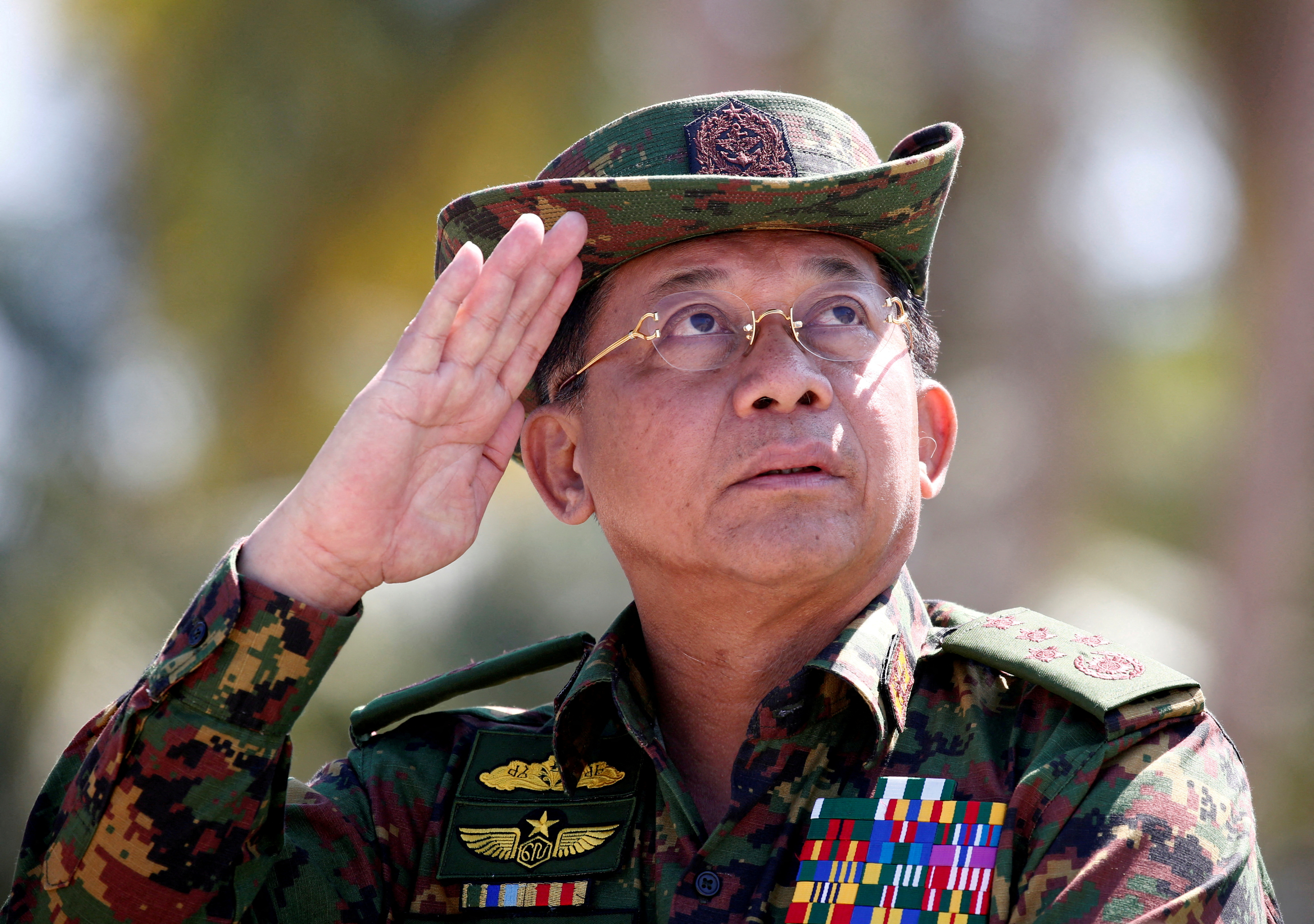 Myanmar military commander-in-chief, Senior General Min Aung Hlaing, salutes while attending a military exercise in the Ayeyarwaddy delta region