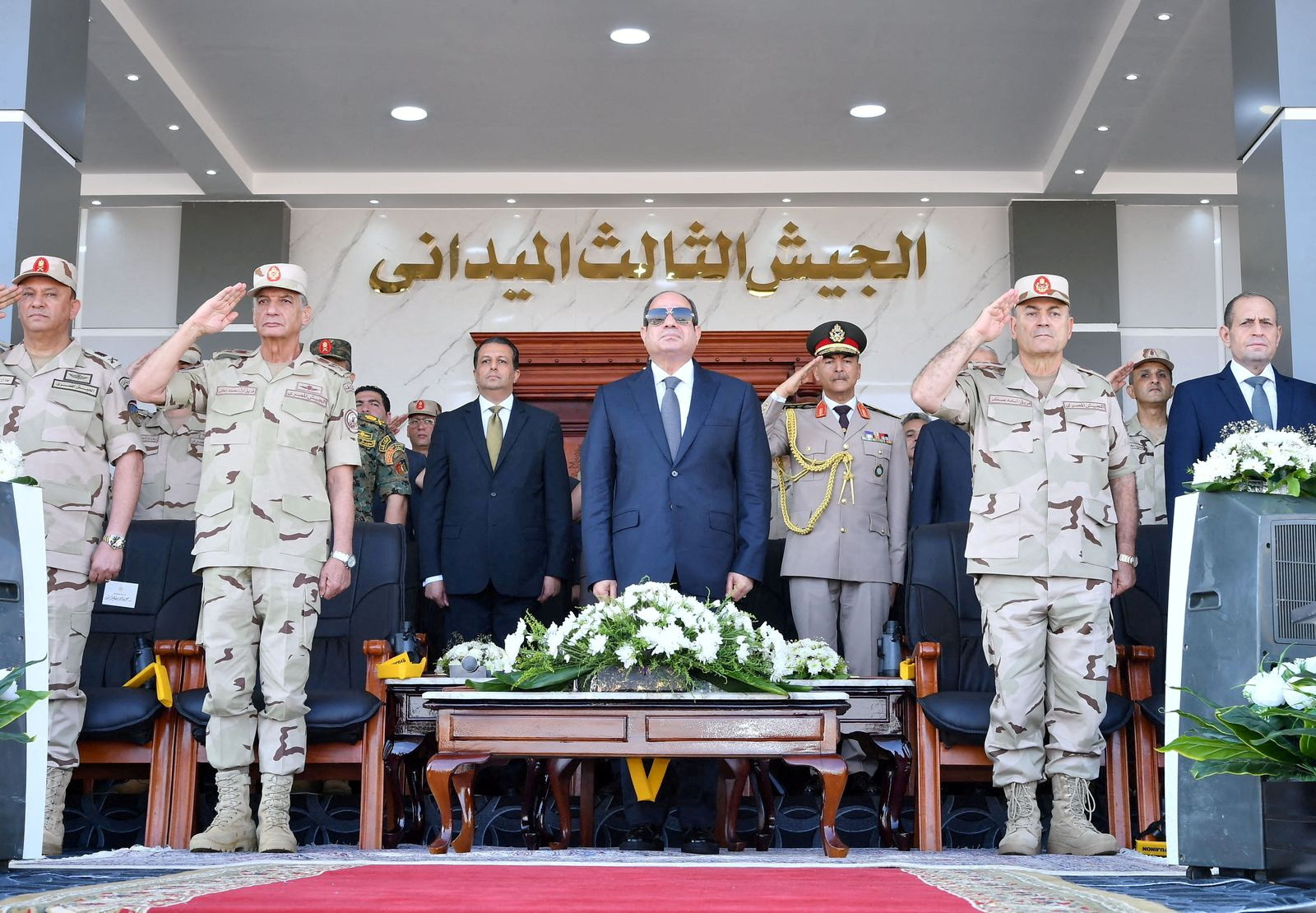 Egyptian President Abdel Fattah al-Sisi inspects the Egyptian military units in Suez