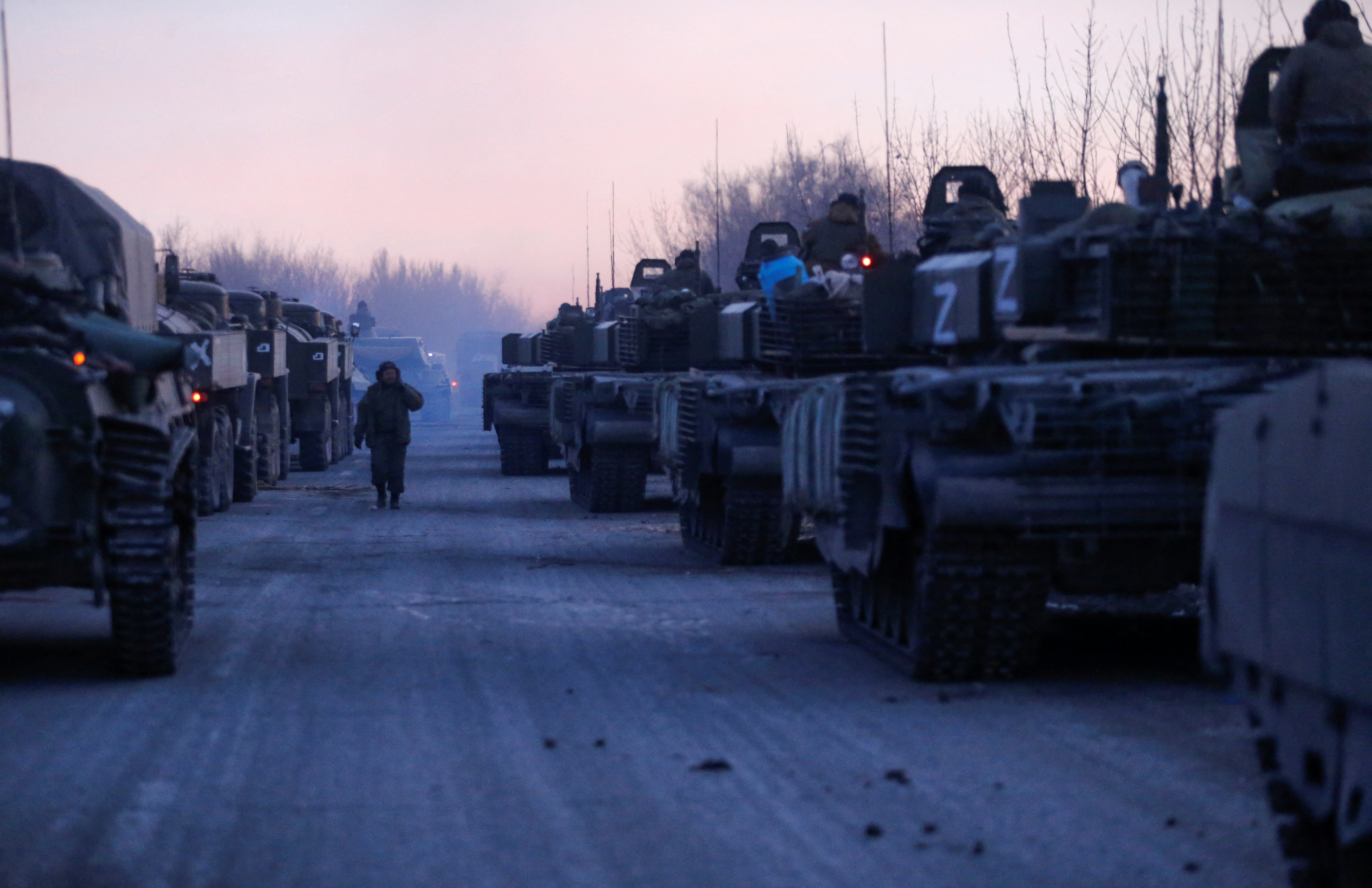 A view shows an armoured convoy of pro-Russian troops near the besieged city of Mariupol