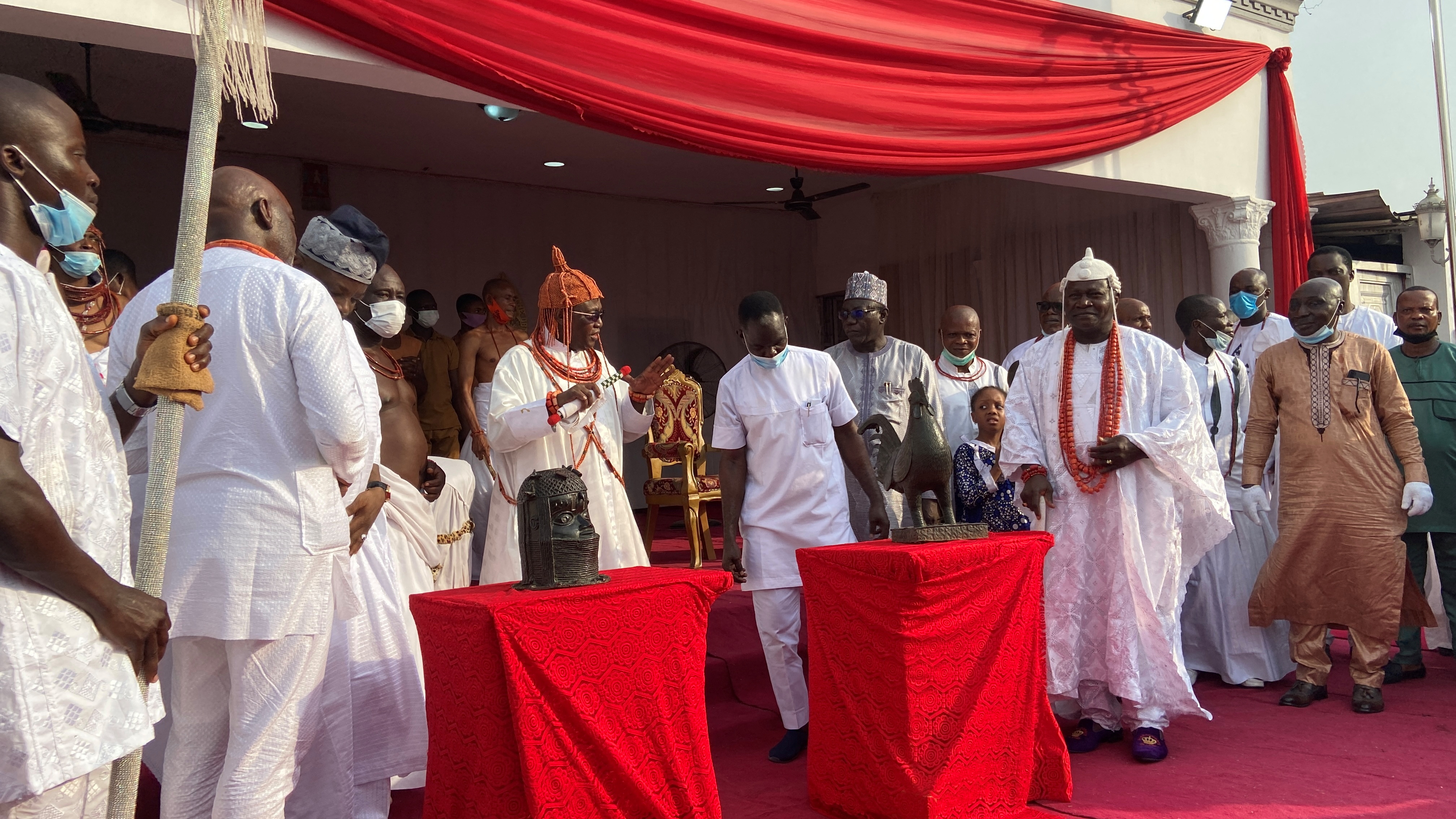 The Oba of Benin Kingdom, Oba Ewuare II receives two stolen Benin artifacts returned from England after 125 years in Benin, Nigeria February 19, 2022. REUTERS/Tife Owolabi