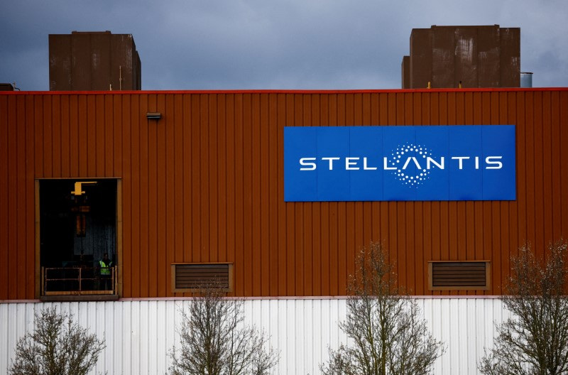 The logo of Stellantis is seen outside a company building in Chartres-de-Bretagne near Rennes