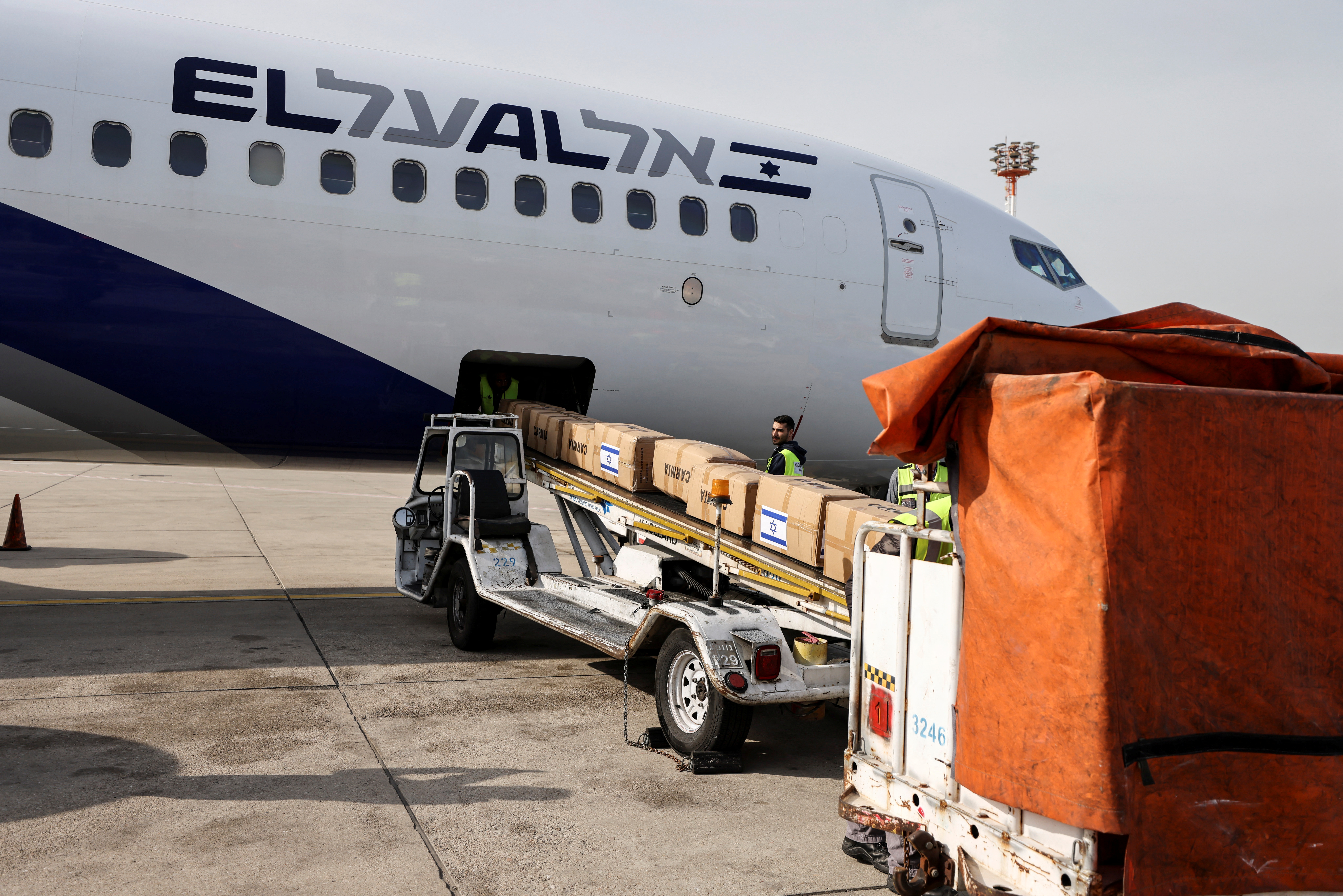 Packages of Israeli humanitarian aid are destined for Ukraine at Ben Gurion International Airport