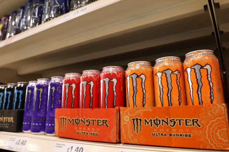 Cans of Monster energy drinks sit on display at a Sainsbury's store in London, Britain, August 30, 2018. REUTERS/Simon Dawson