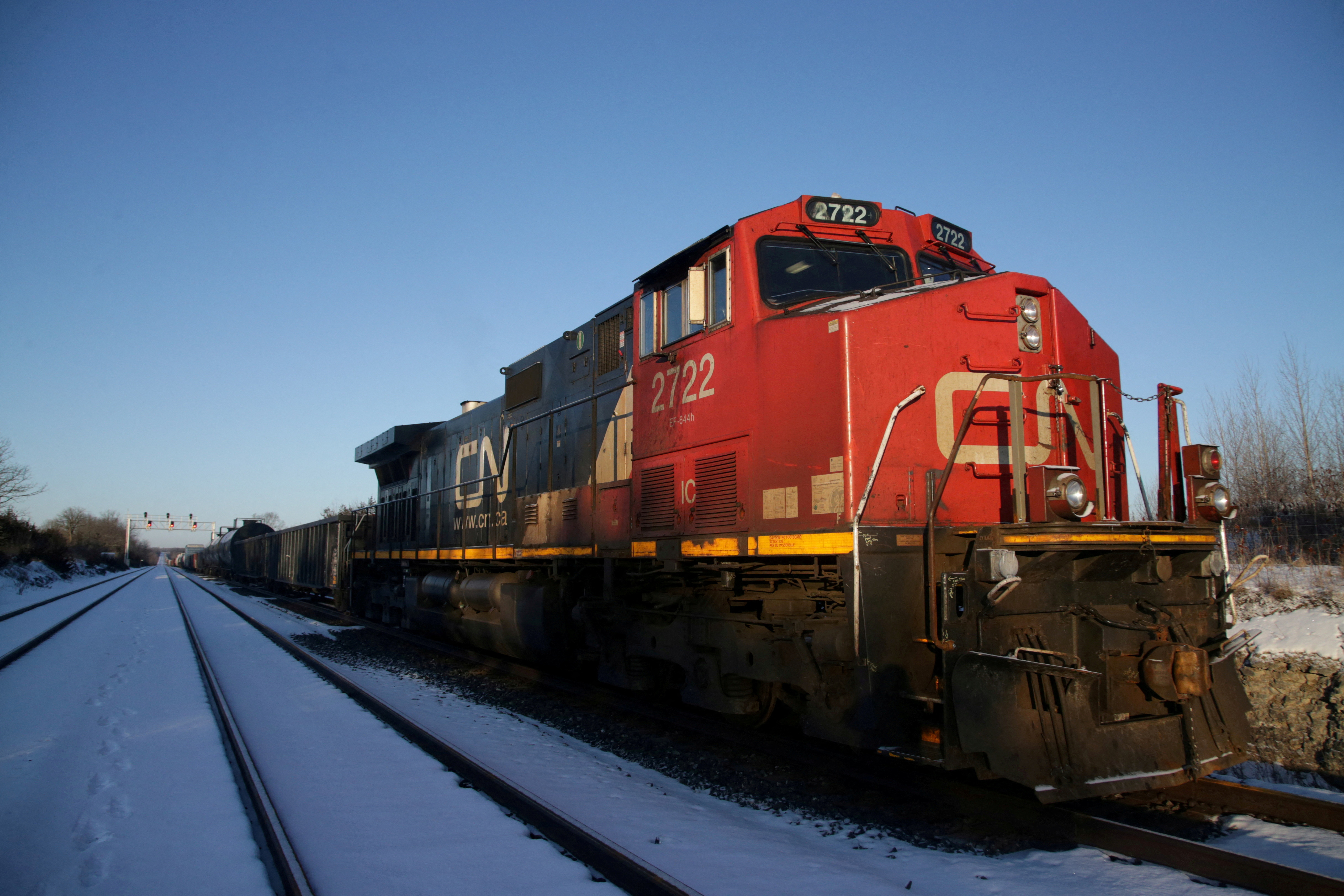 A Canadian National Railway freight train remains halted in Tyendinaga
