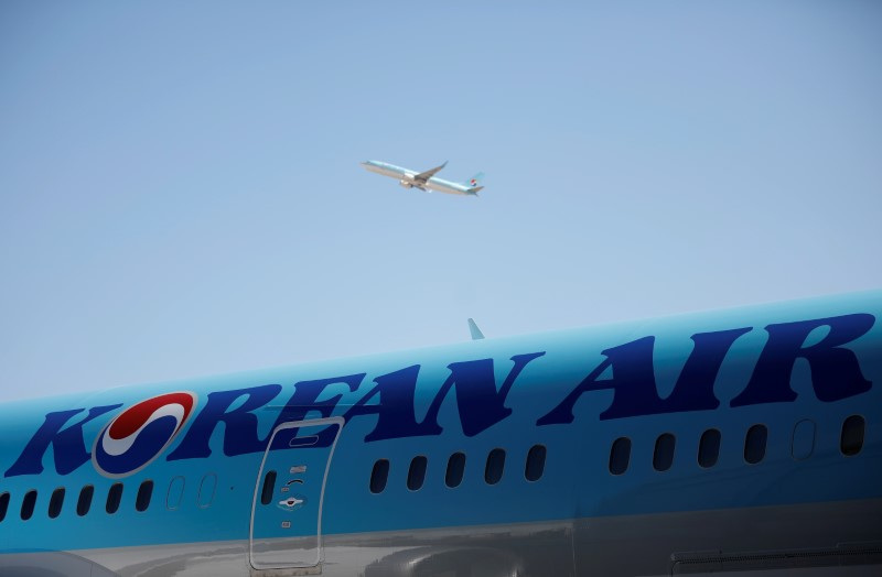 The logo of Korean Airlines is seen on a B787-9 plane at its aviation shed in Incheon, South Korea
