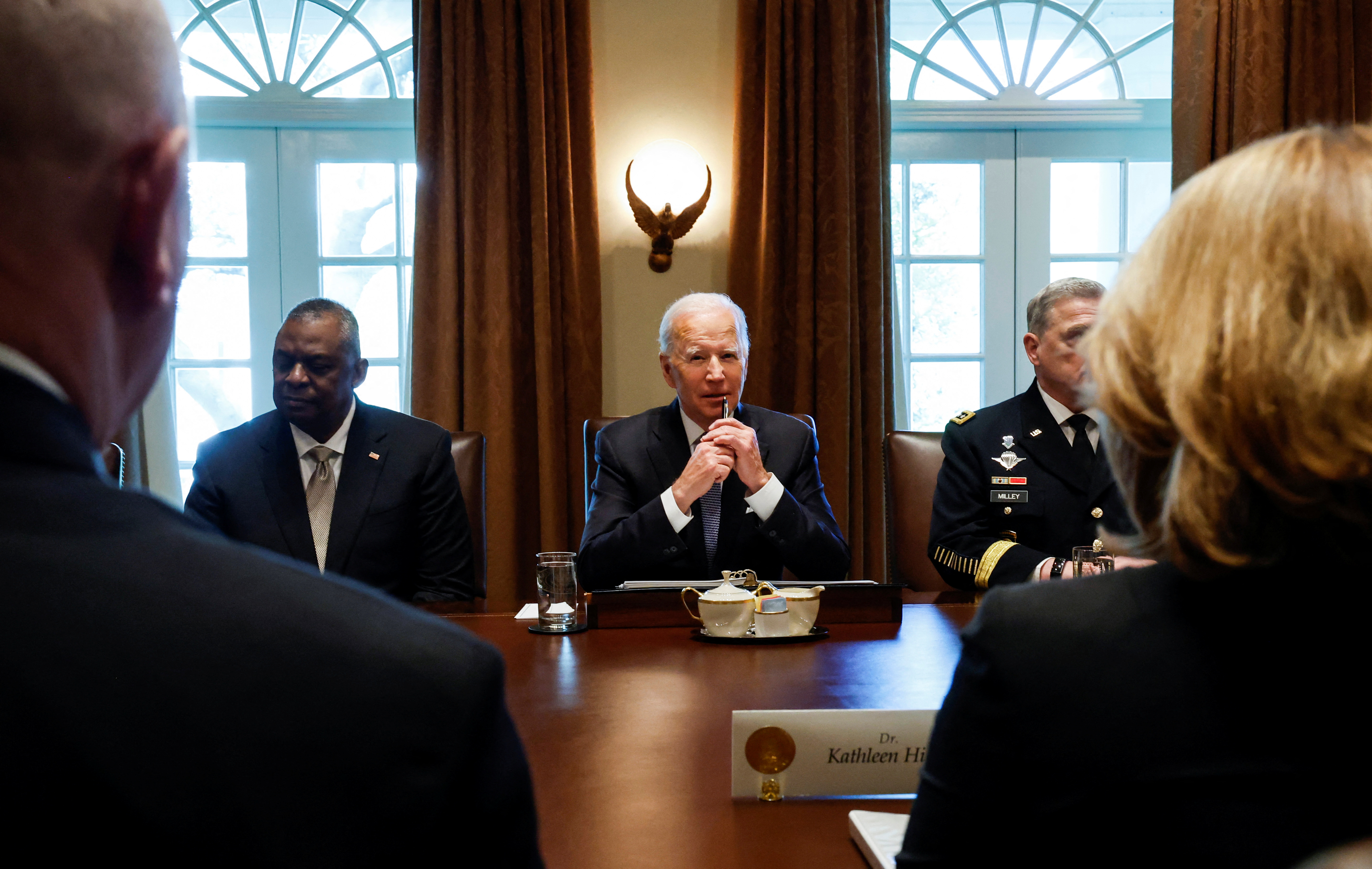 U.S. President Joe Biden meets with Defense Secretary Austin and military leaders at the White House in Washington