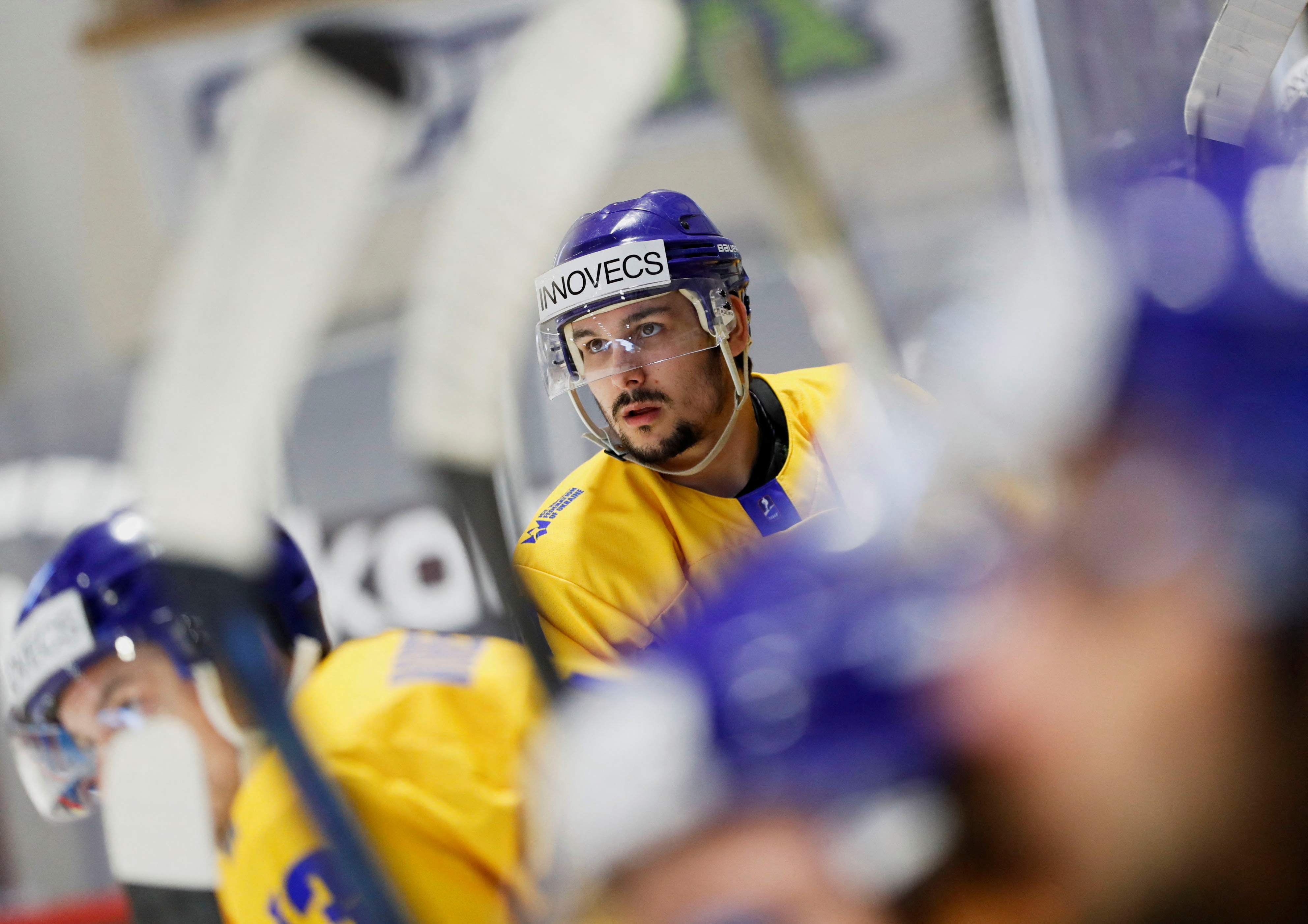 Member of the Ukraine's men's ice hockey team Krivoshapkin reacts during a friendly game against Hungary at the Miskolc Ice Hall, in Miskolc