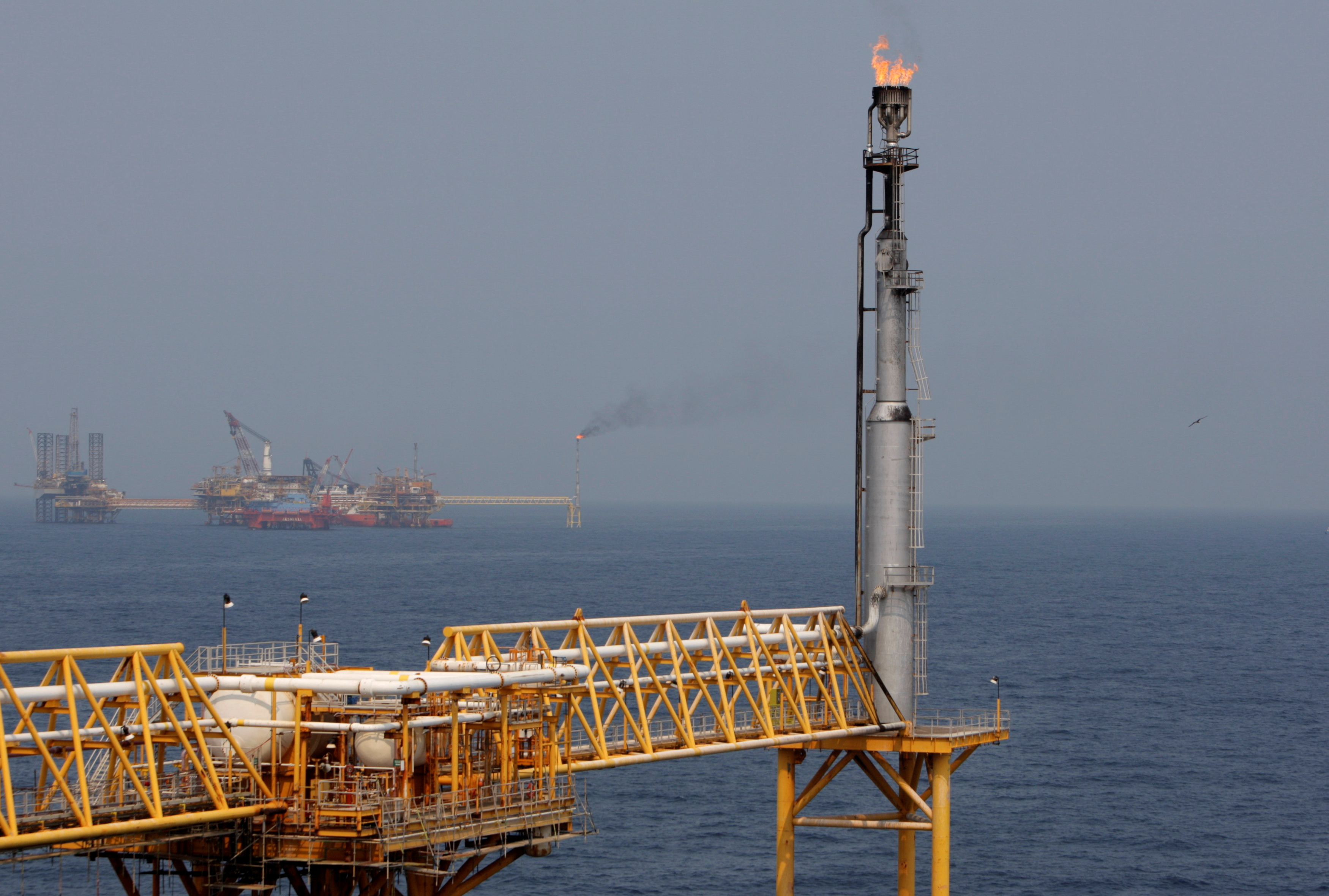 A fuel burner is seen at Mexico's state-run oil monopoly Pemex platform 