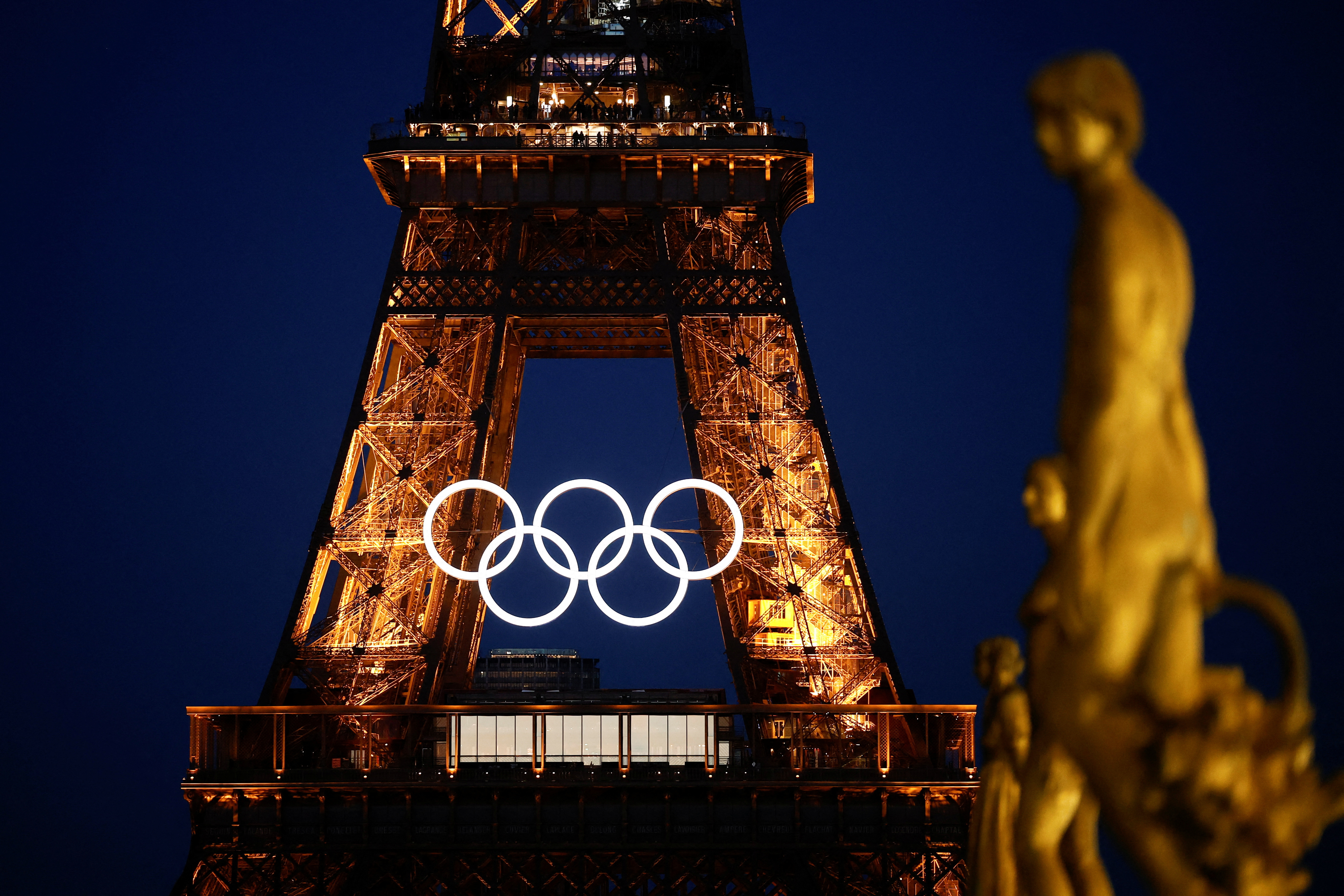 The Olympic rings displayed on the first floor of the Eiffel Tower