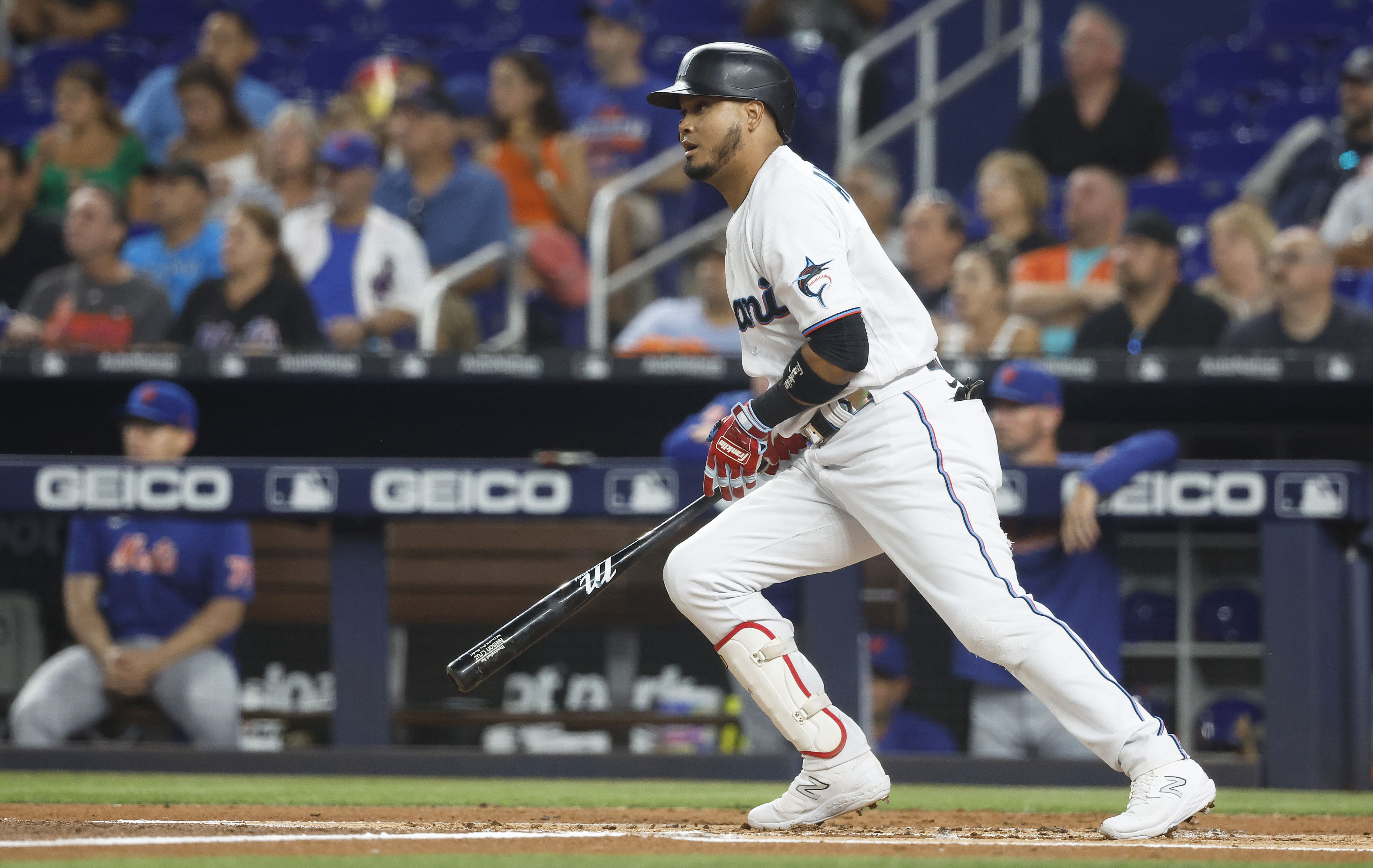 MIAMI, FL - MARCH 31: Miami Marlins left fielder Jorge Soler (12) bats for  the Marlins during the game between the New York Mets and the Miami Marlins  on Friday, March 31