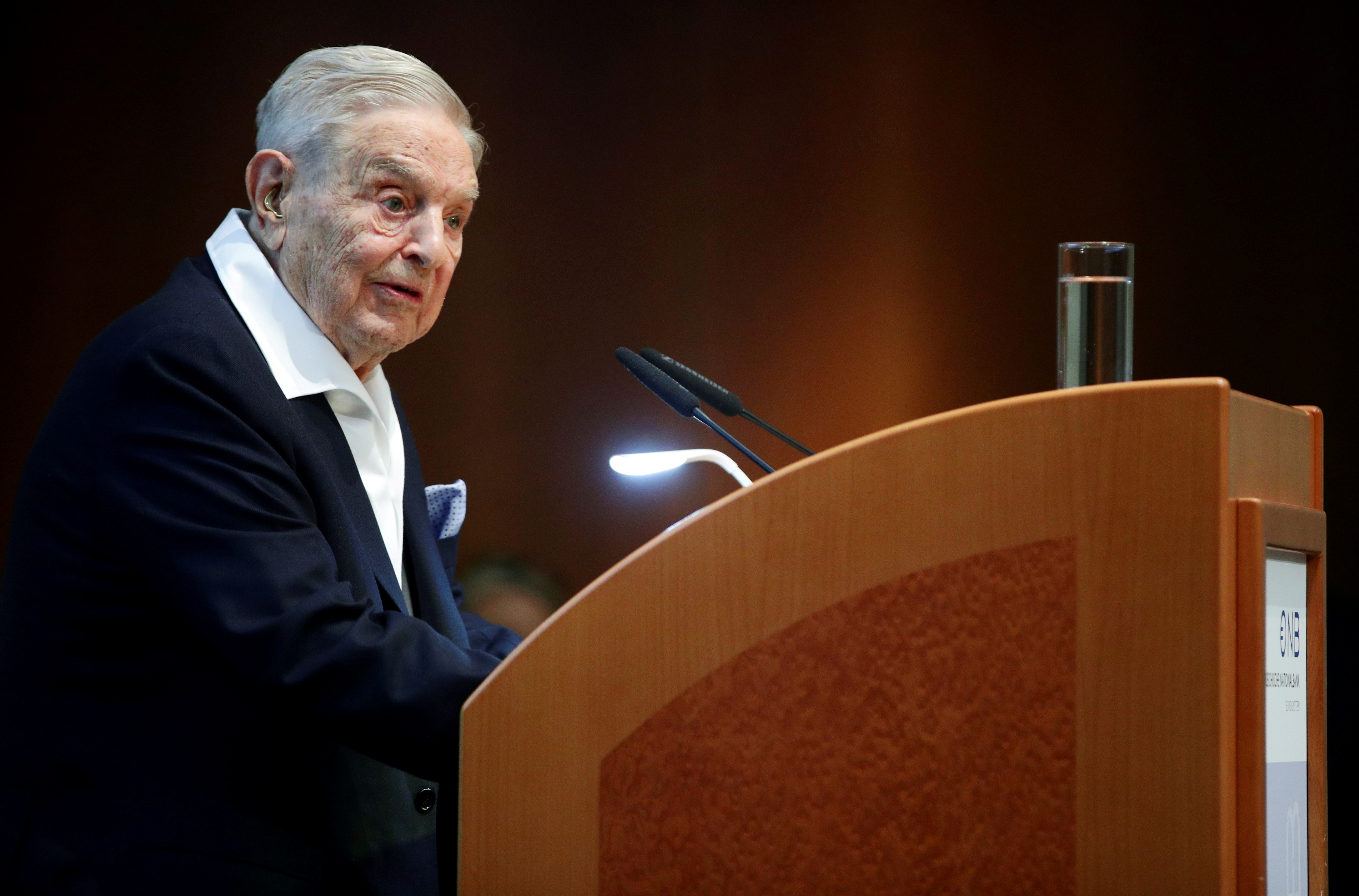 Billionaire investor George Soros speaks to the audience at the Schumpeter Award in Vienna, Austria June 21, 2019. REUTERS/Lisi Niesner/File Photo