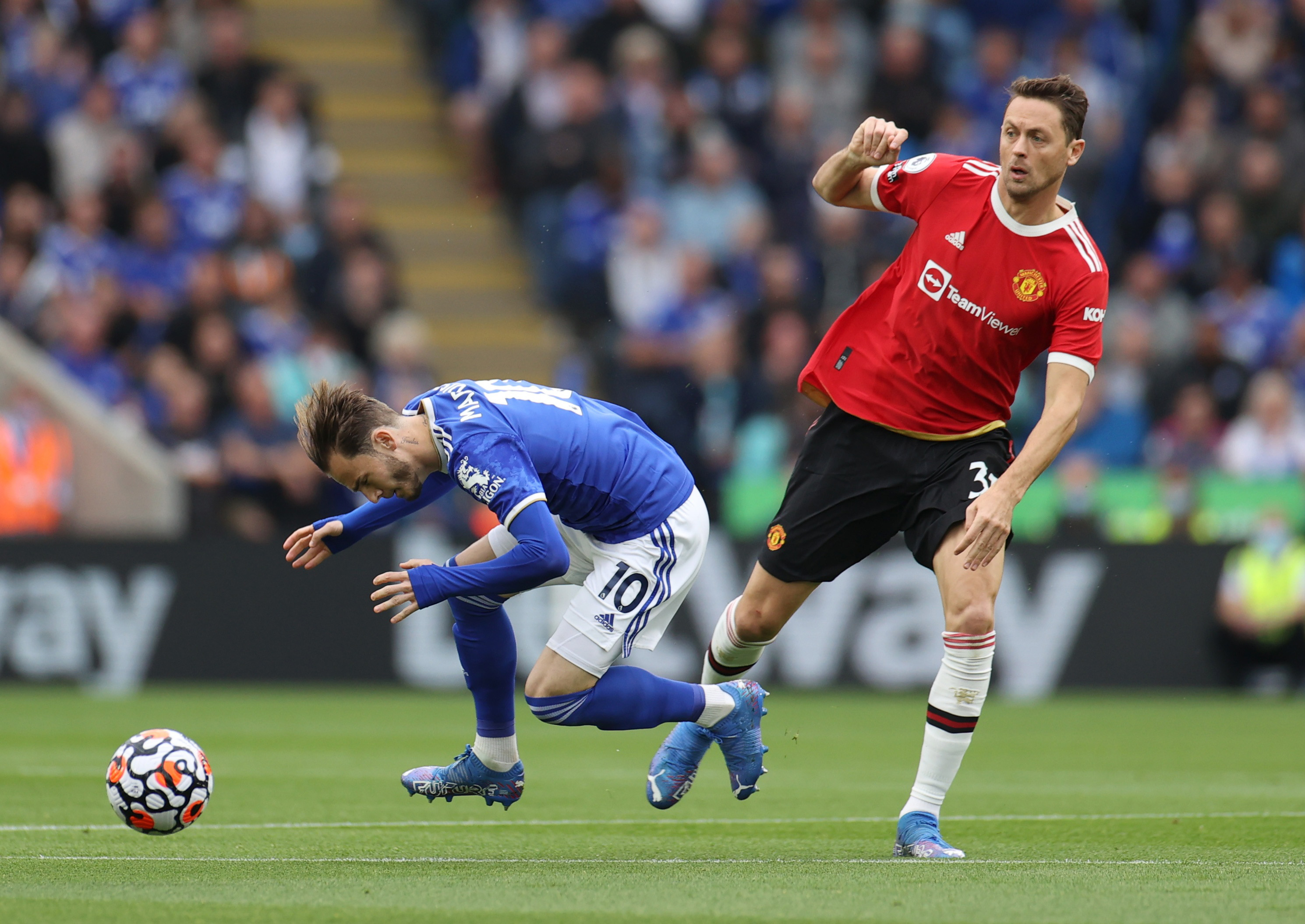 Soccer Football - Premier League - Leicester City v Manchester United - King Power Stadium, Leicester, Britain - October 16, 2021  Leicester City's James Maddison in action with Manchester United's Nemanja Matic Action Images via Reuters/Carl Recine 