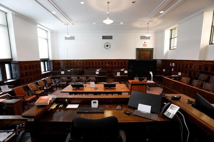 The view of a court room as seen from the judge's bench at the New York State Civil Supreme Court in Manhattan, New York City