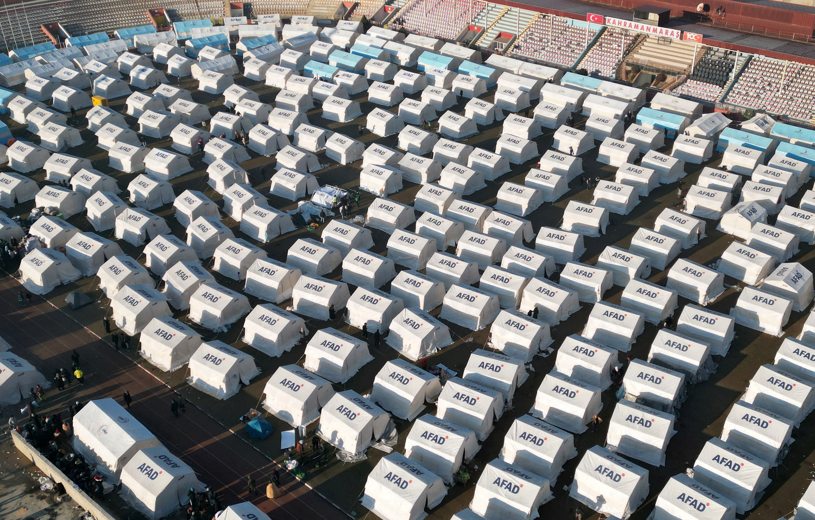 Tents are placed at a stadium in the aftermath of the deadly earthquake in Kahramanmaras