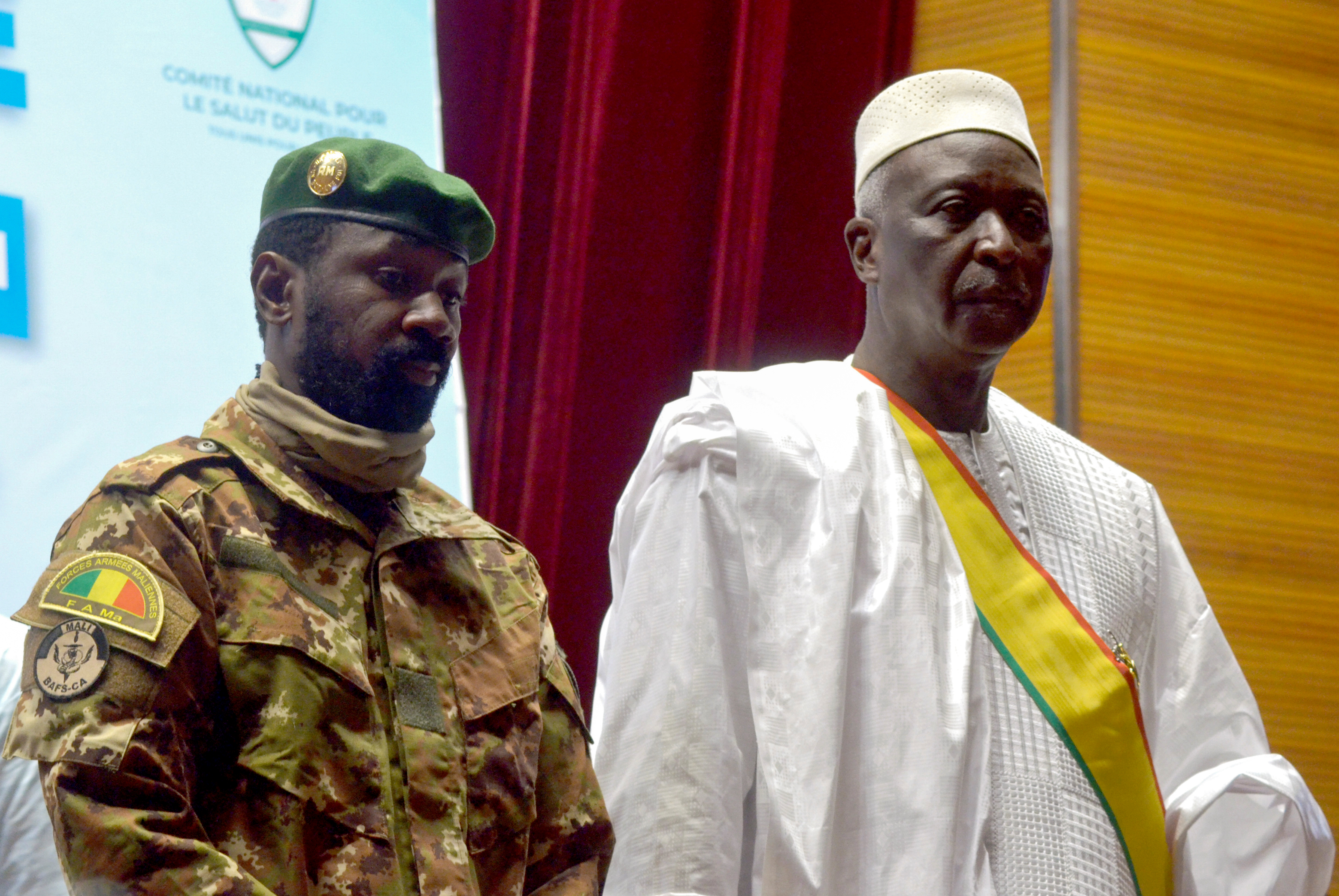 The new interim president of Mali Bah Ndaw attends the Inauguration ceremony with the Malian new vice president Colonel Assimi Goita in Bamako